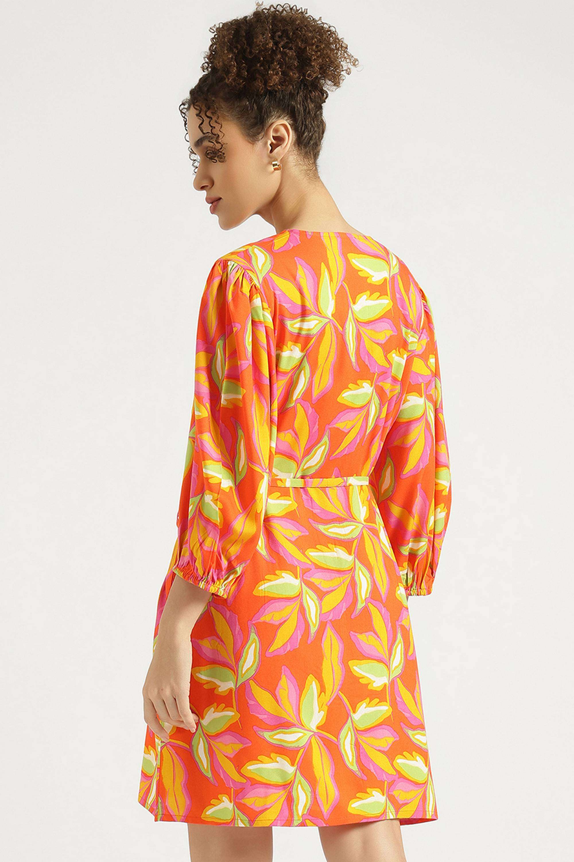 Printed-V-Neck-Blended-Fabric-Women-Dress