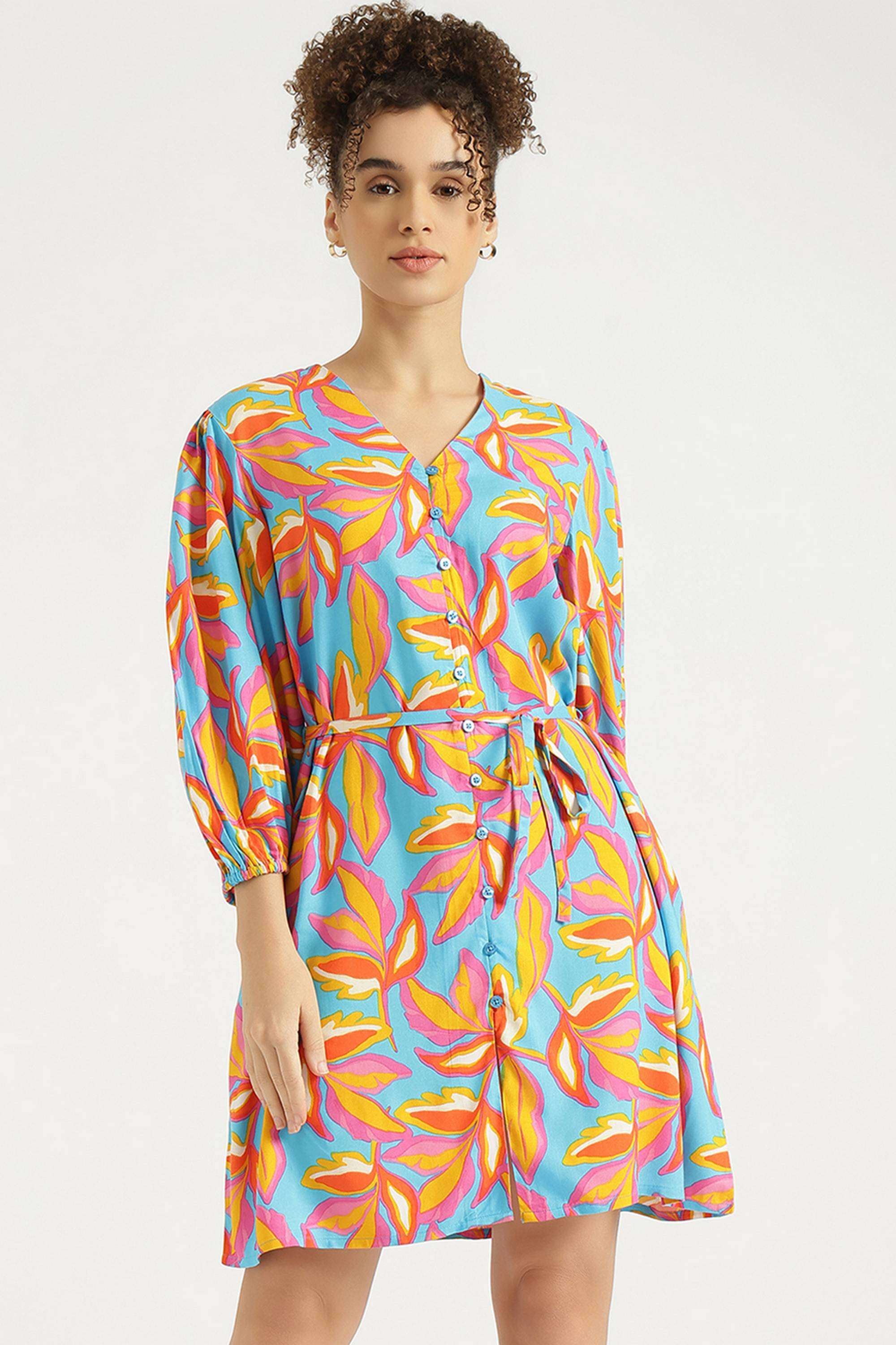 Printed-V-Neck-Blended-Fabric-Women-Dress