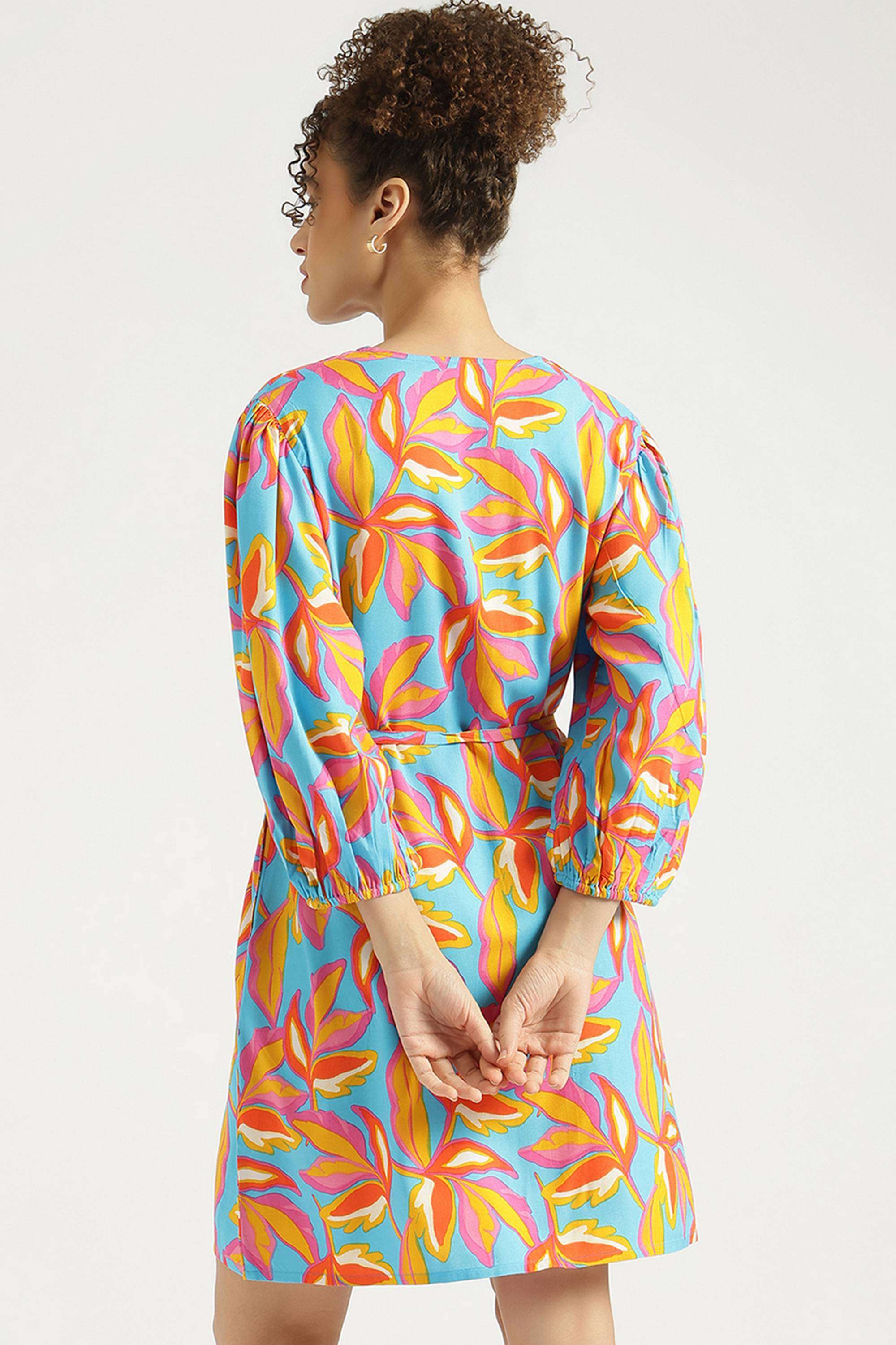 Printed-V-Neck-Blended-Fabric-Women-Dress