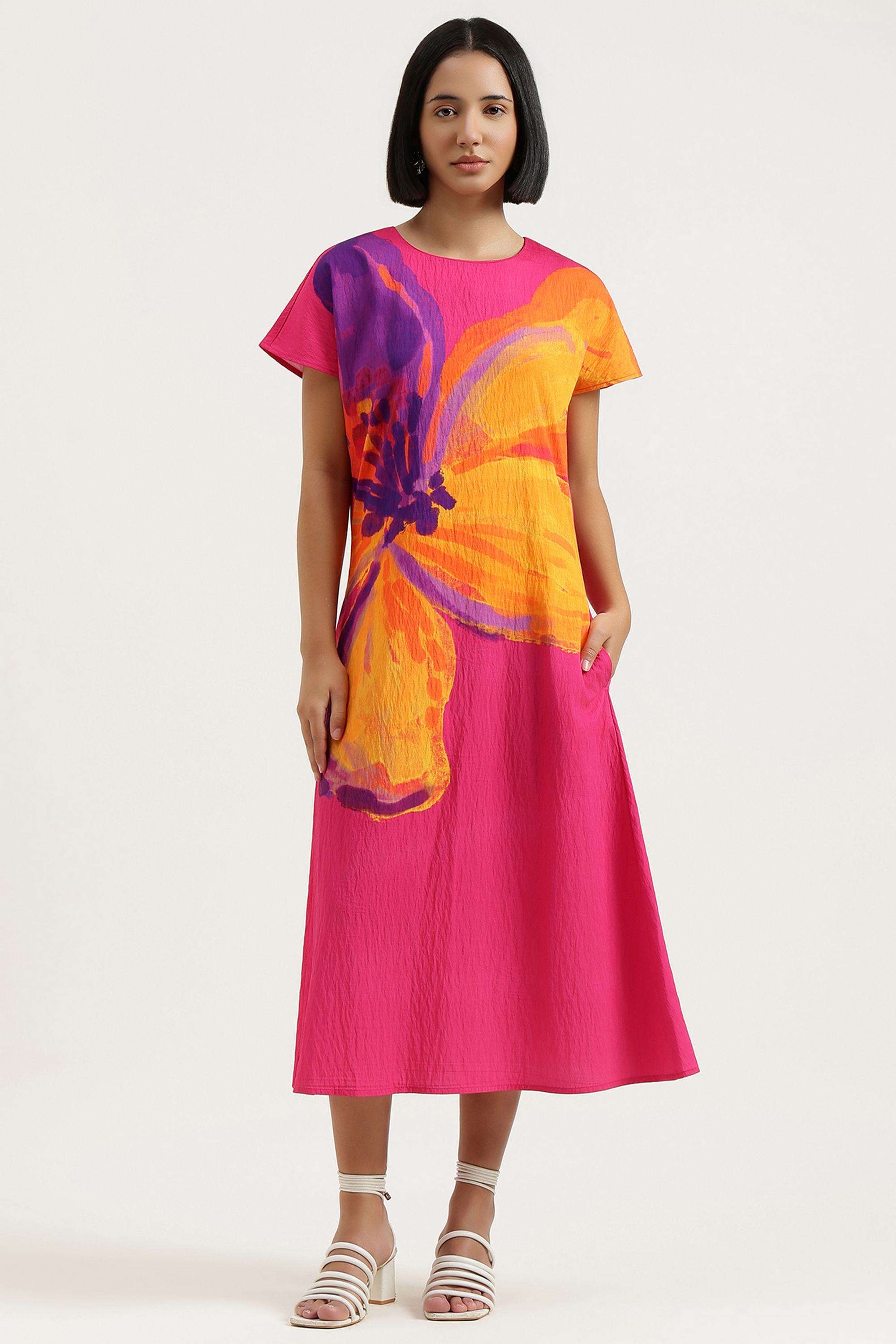Printed-Blended-Fabric-Round-Neck-Women-s-Dress