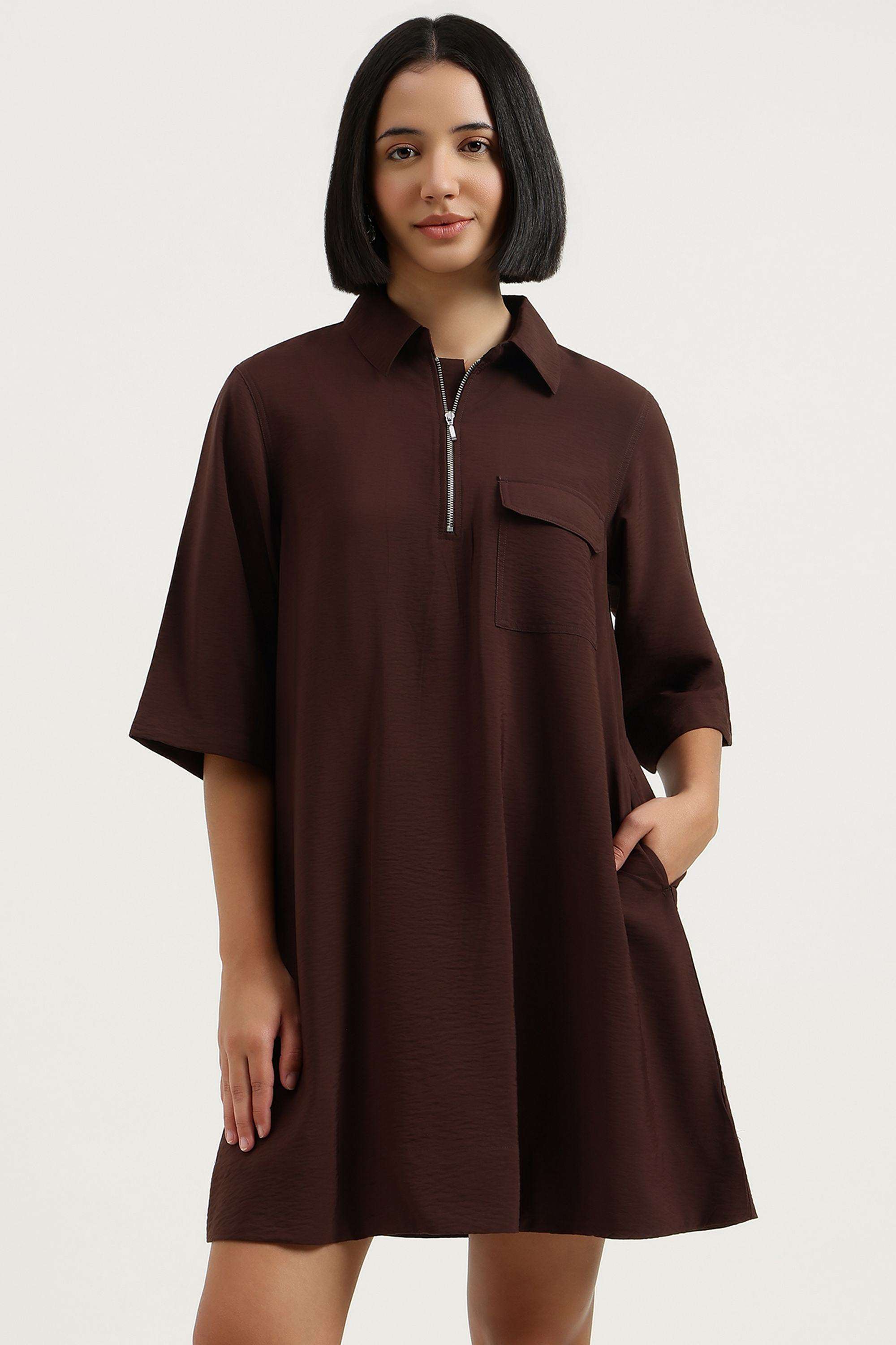 Solid-Blended-Fabric-Collared-Women-s-Dress