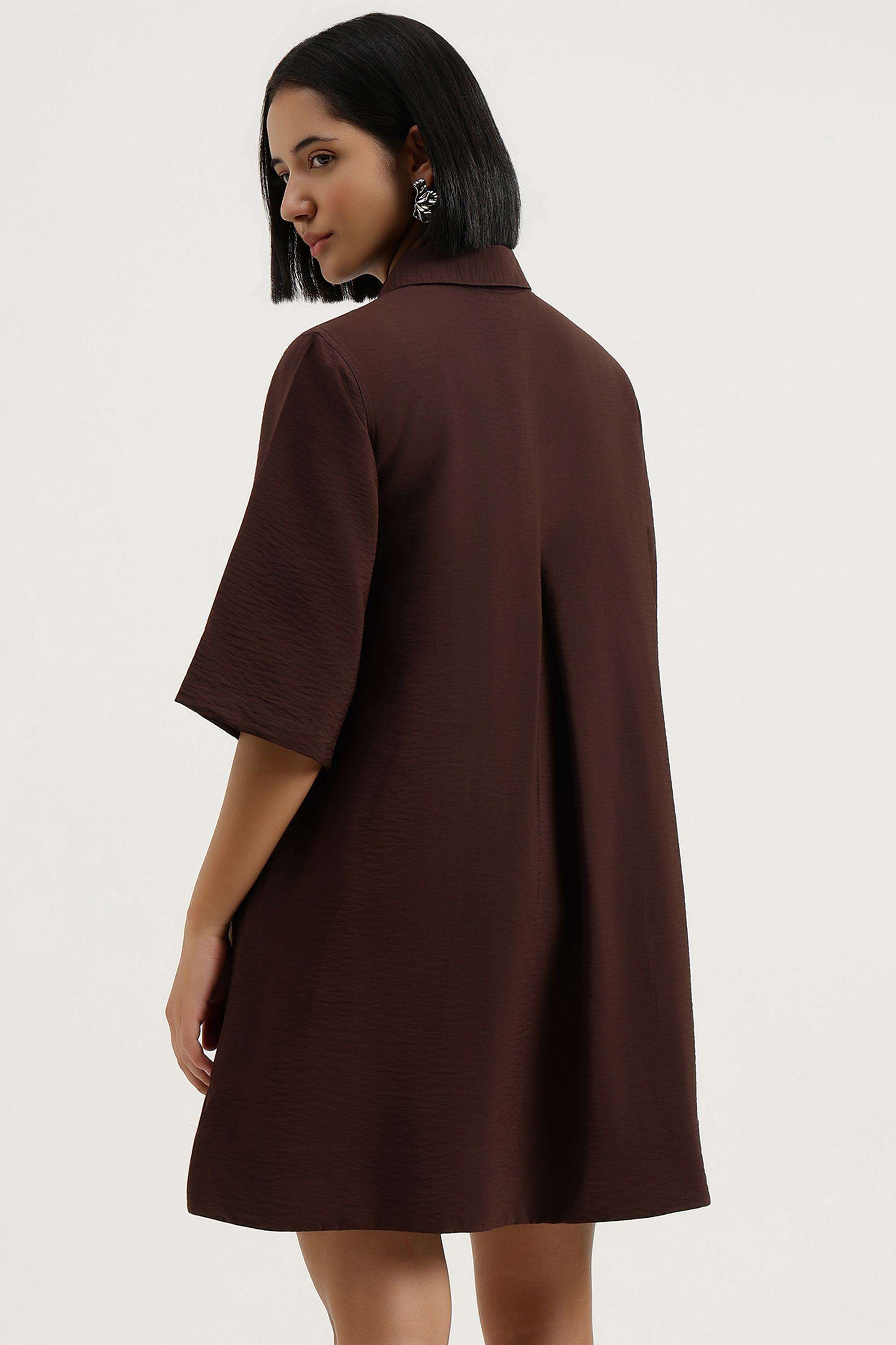 Solid-Blended-Fabric-Collared-Women-s-Dress
