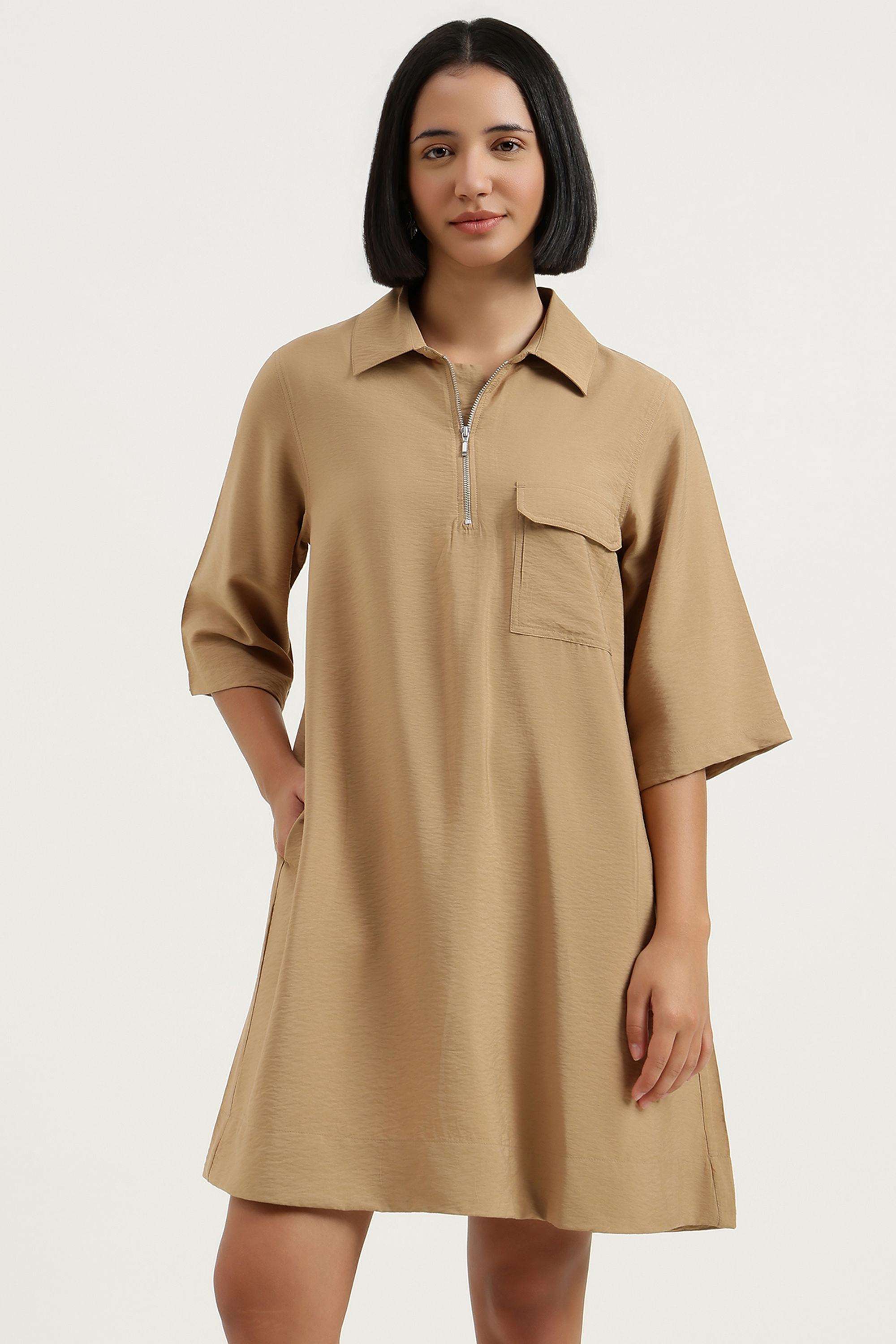 Solid-Blended-Fabric-Collared-Women-s-Dress
