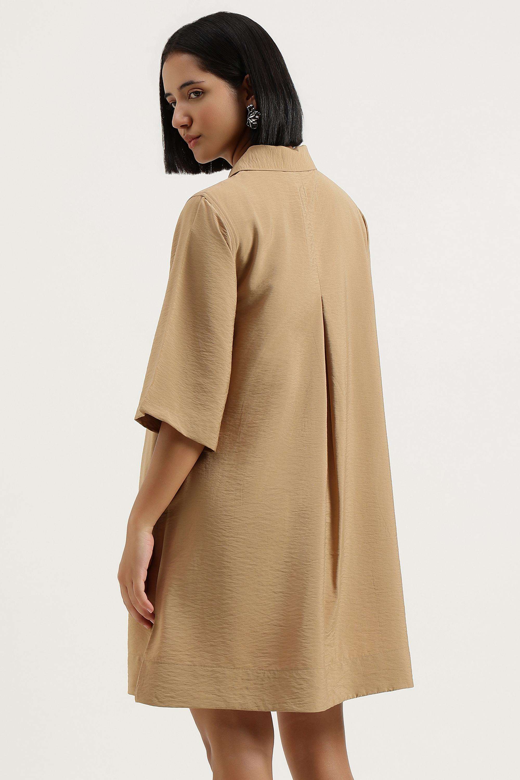 Solid-Blended-Fabric-Collared-Women-s-Dress