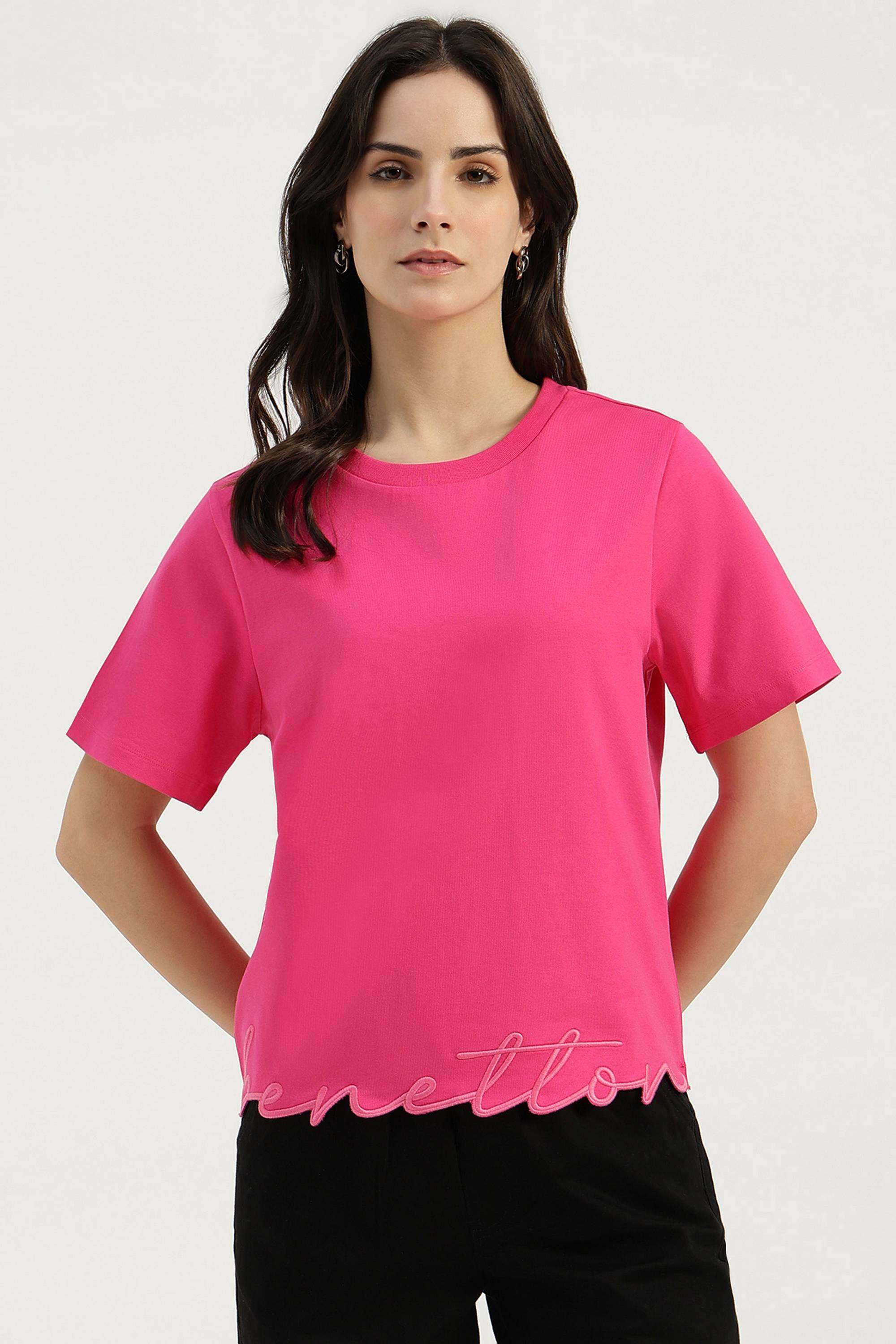 Solid-Cotton-Blend-Round-Neck-Women-s-Top