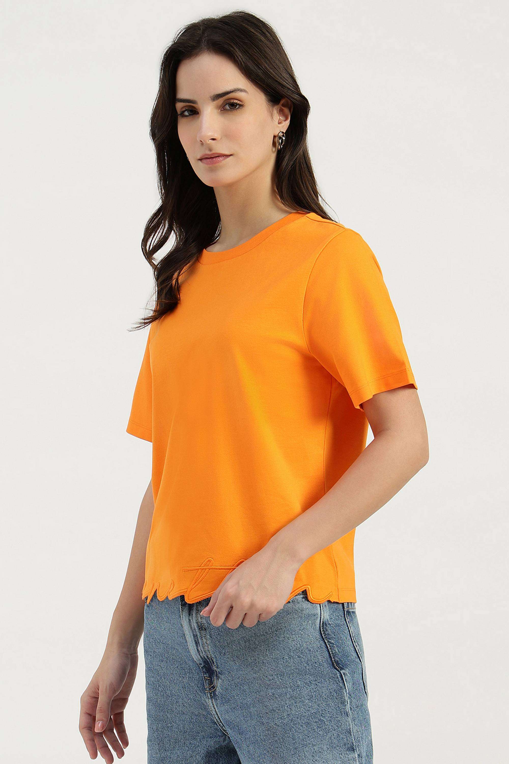 Solid-Cotton-Blend-Round-Neck-Women-s-Top