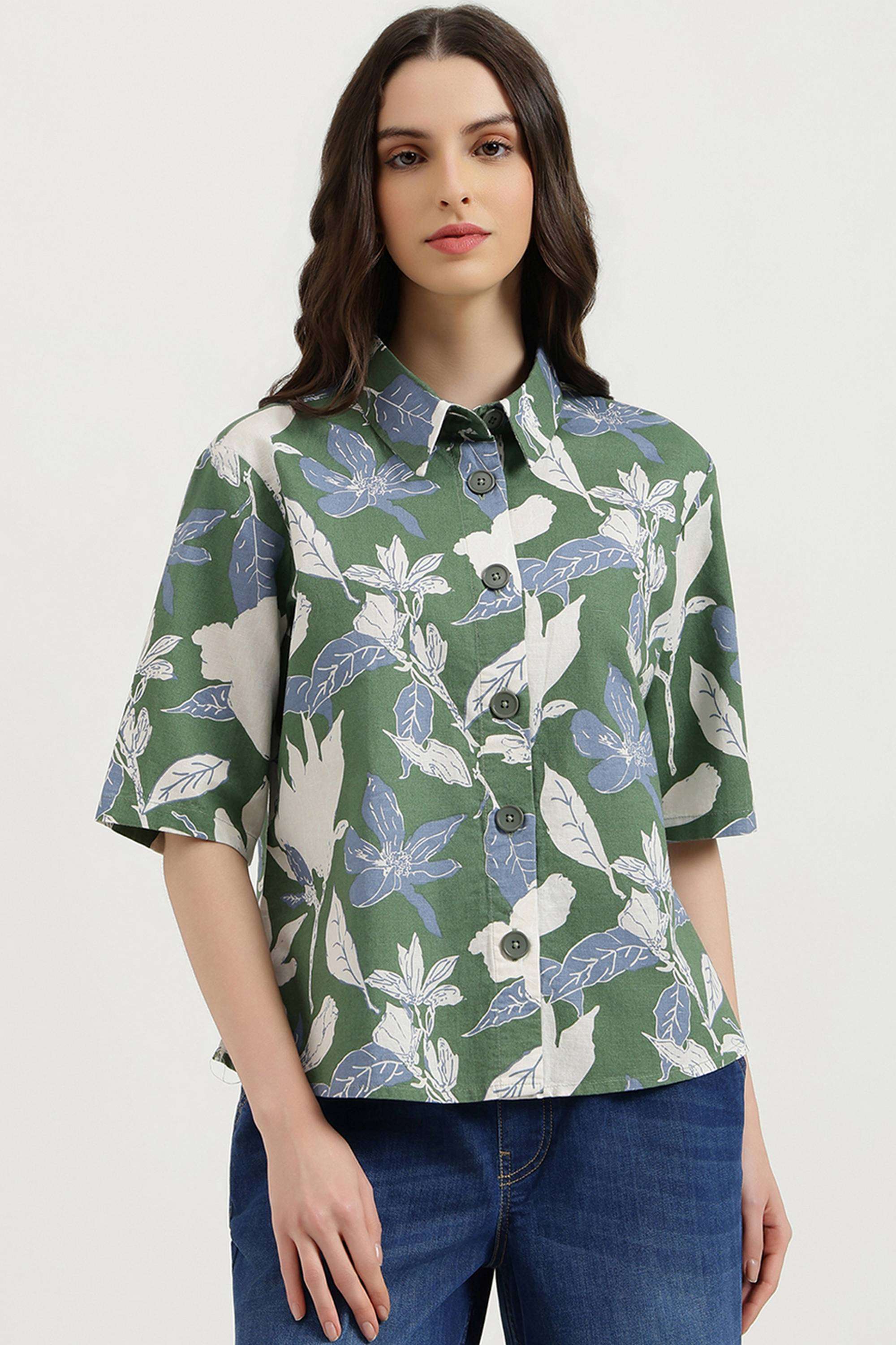 Printed-Blended-Fabric-Collared-Women-s-Shirt