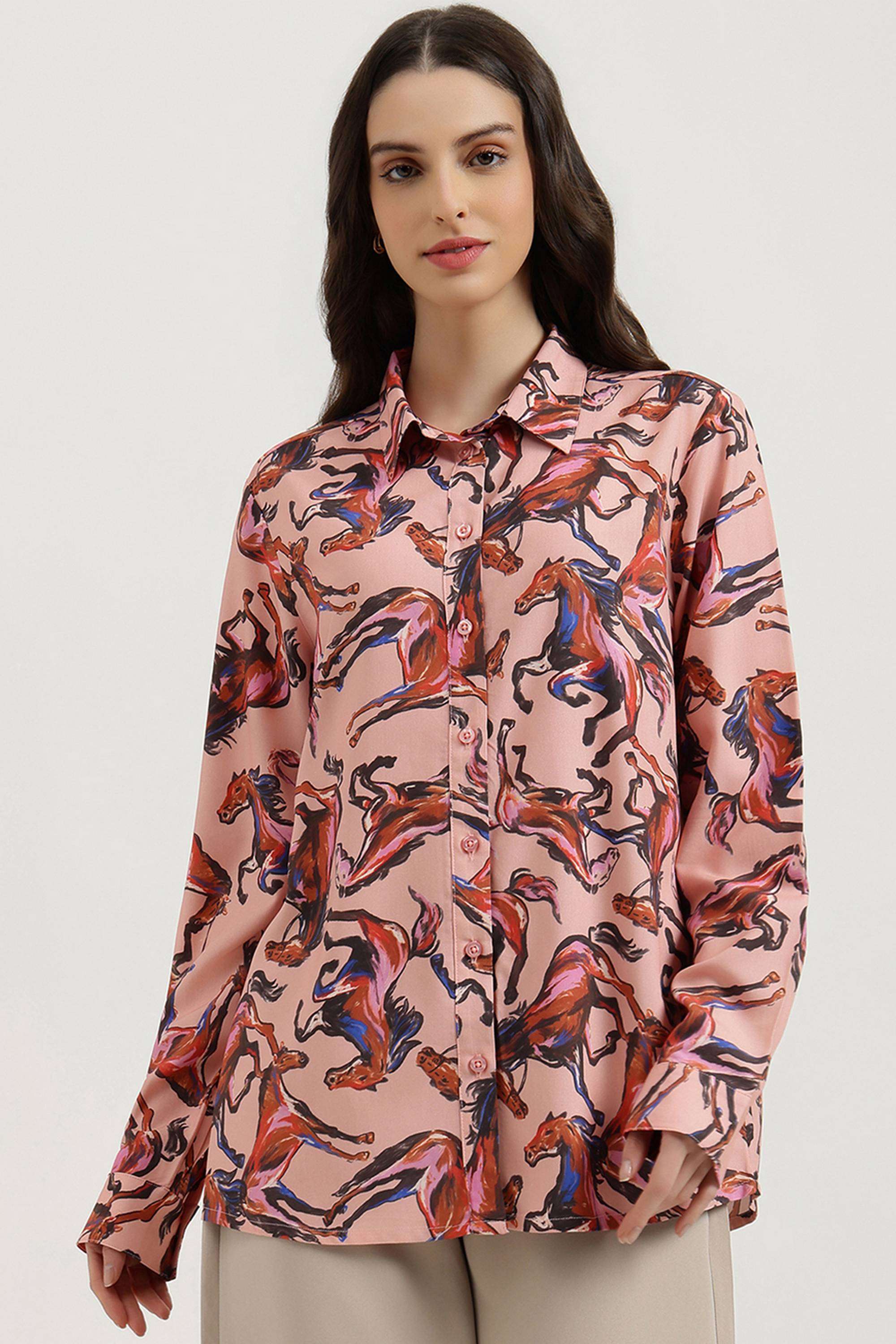 Printed-Blended-Fabric-Collared-Women-s-Shirt