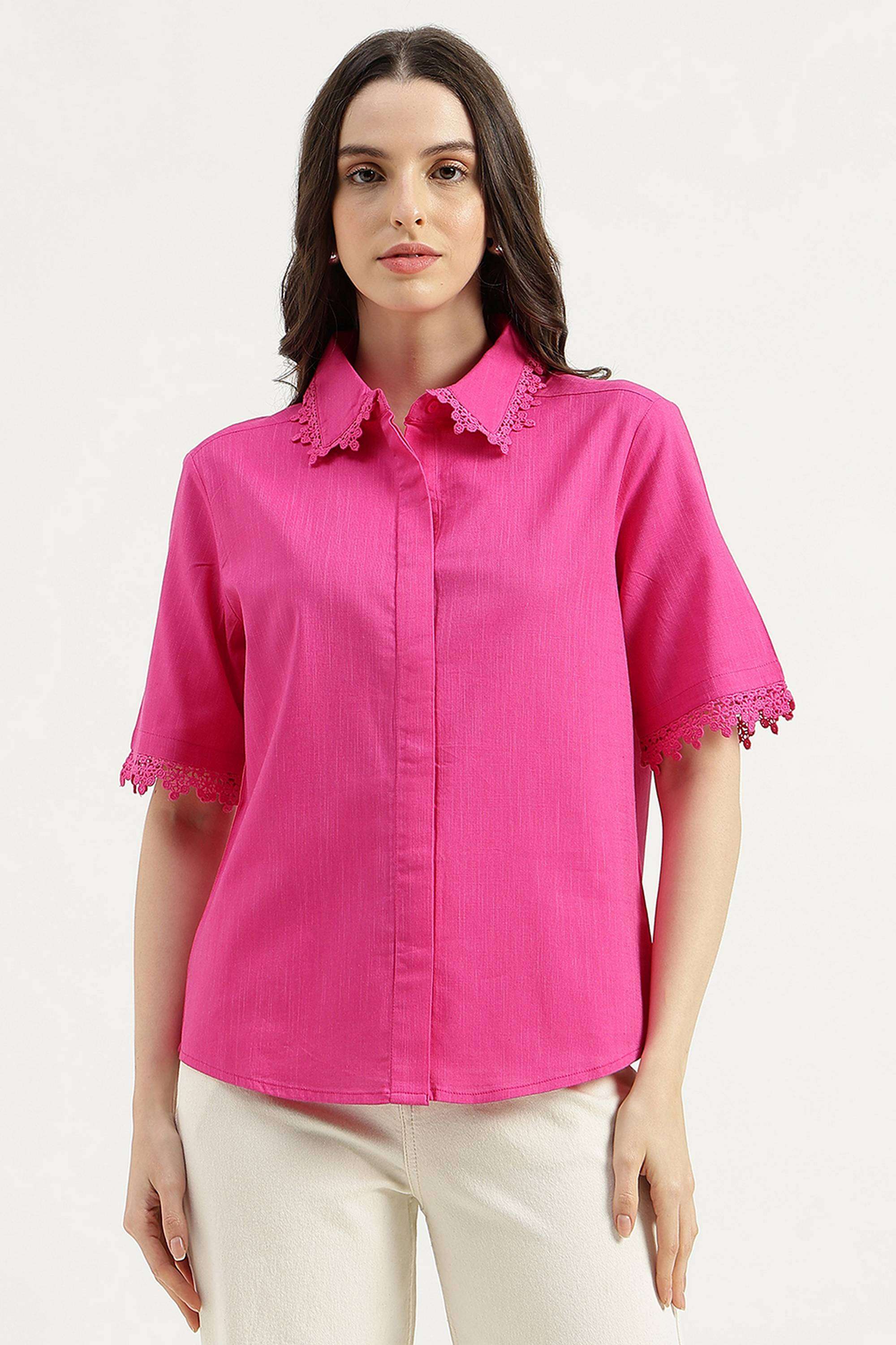 Solid-Cotton-Blend-Collared-Women-s-Shirt