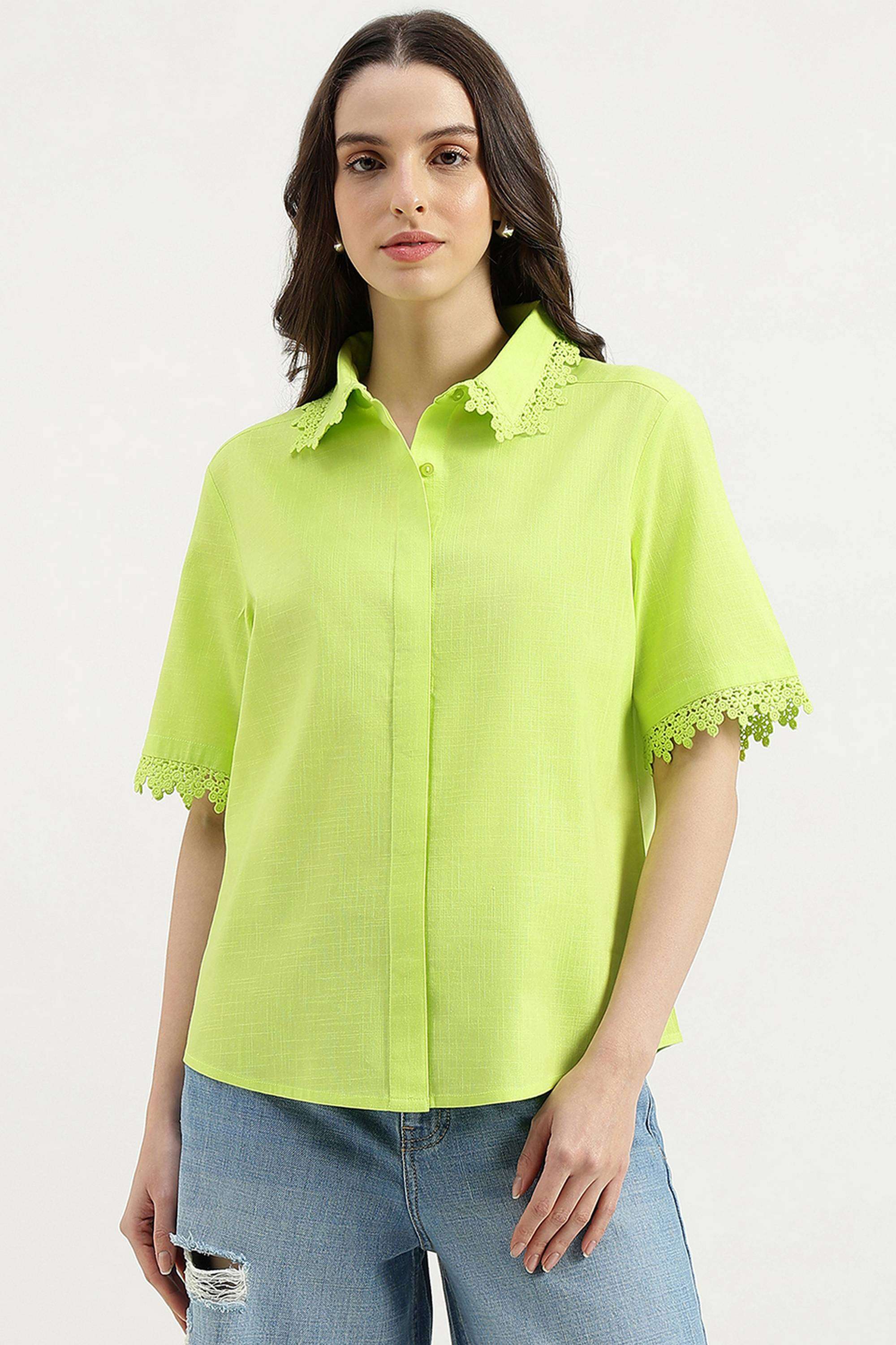 Solid-Cotton-Blend-Collared-Women-s-Shirt