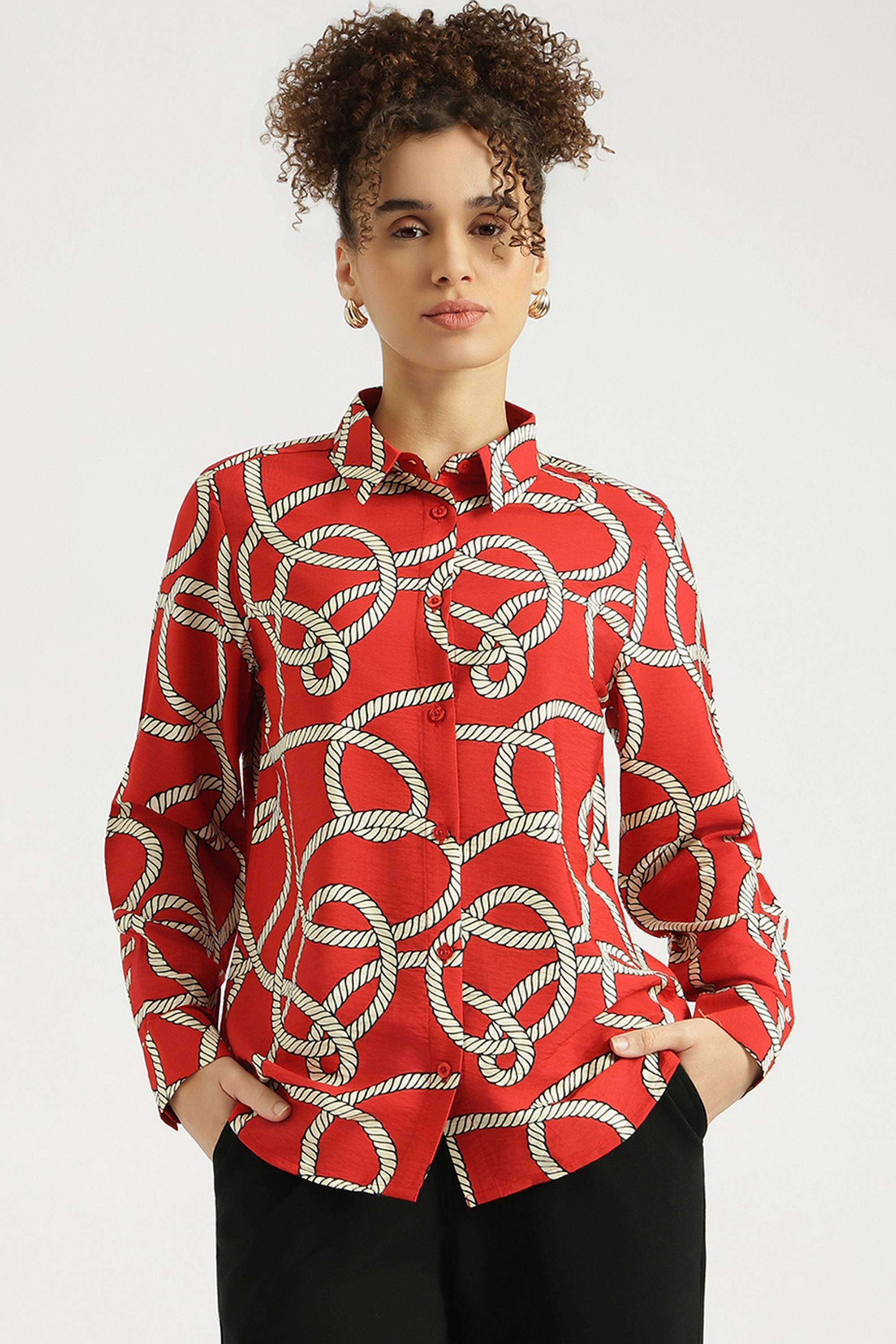 Printed-Blended-Fabric-Collared-Women-s-Shirt
