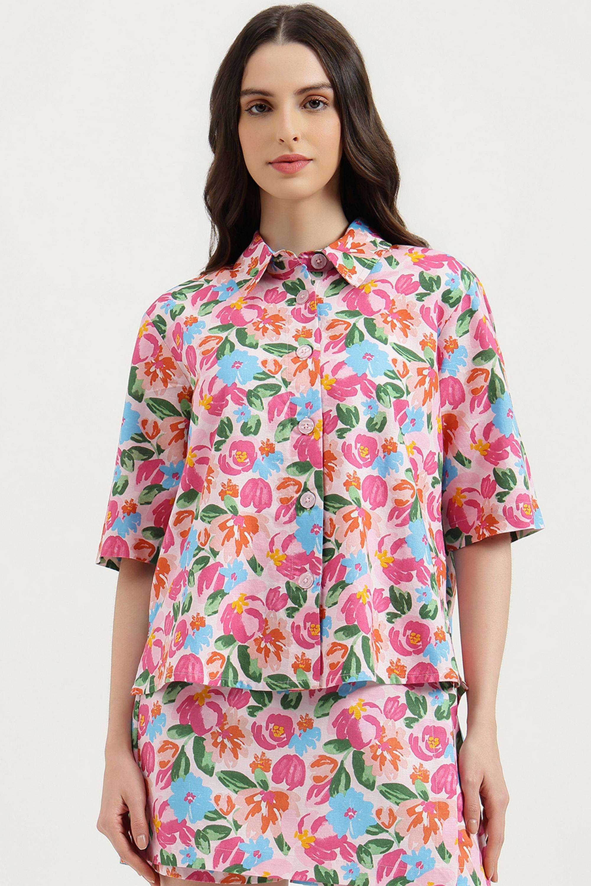 Printed-Blended-Fabric-Collared-Women-s-Shirt