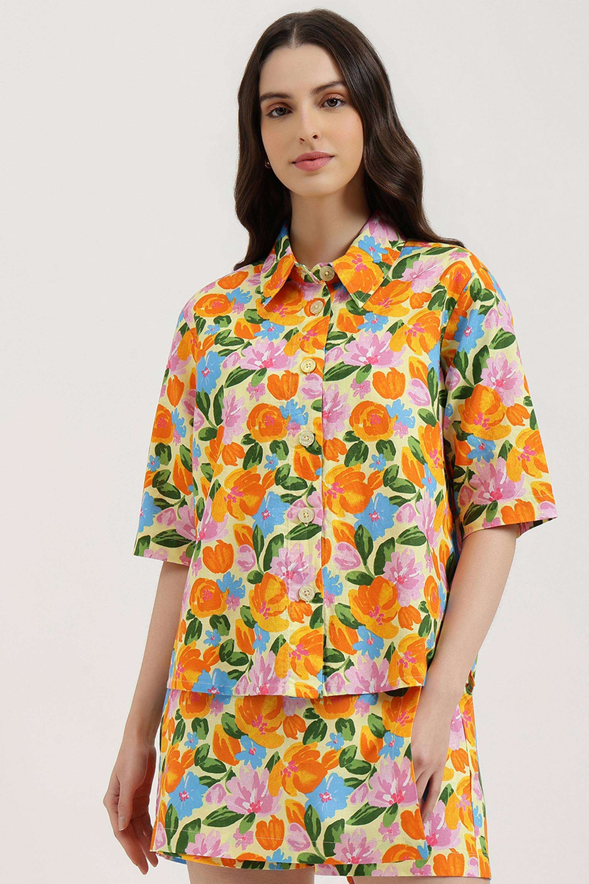 Printed-Blended-Fabric-Collared-Women-s-Shirt