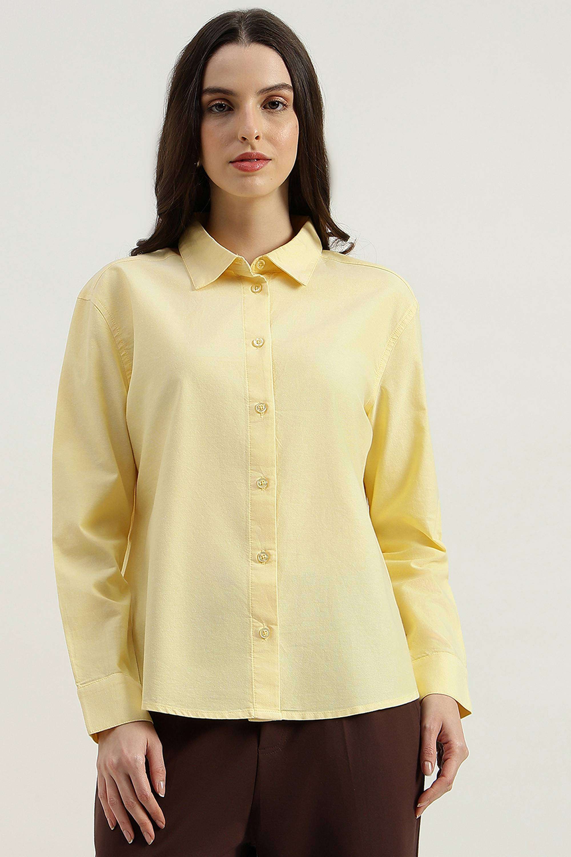 Solid-Cotton-Blend-Collared-Women-s-Shirt