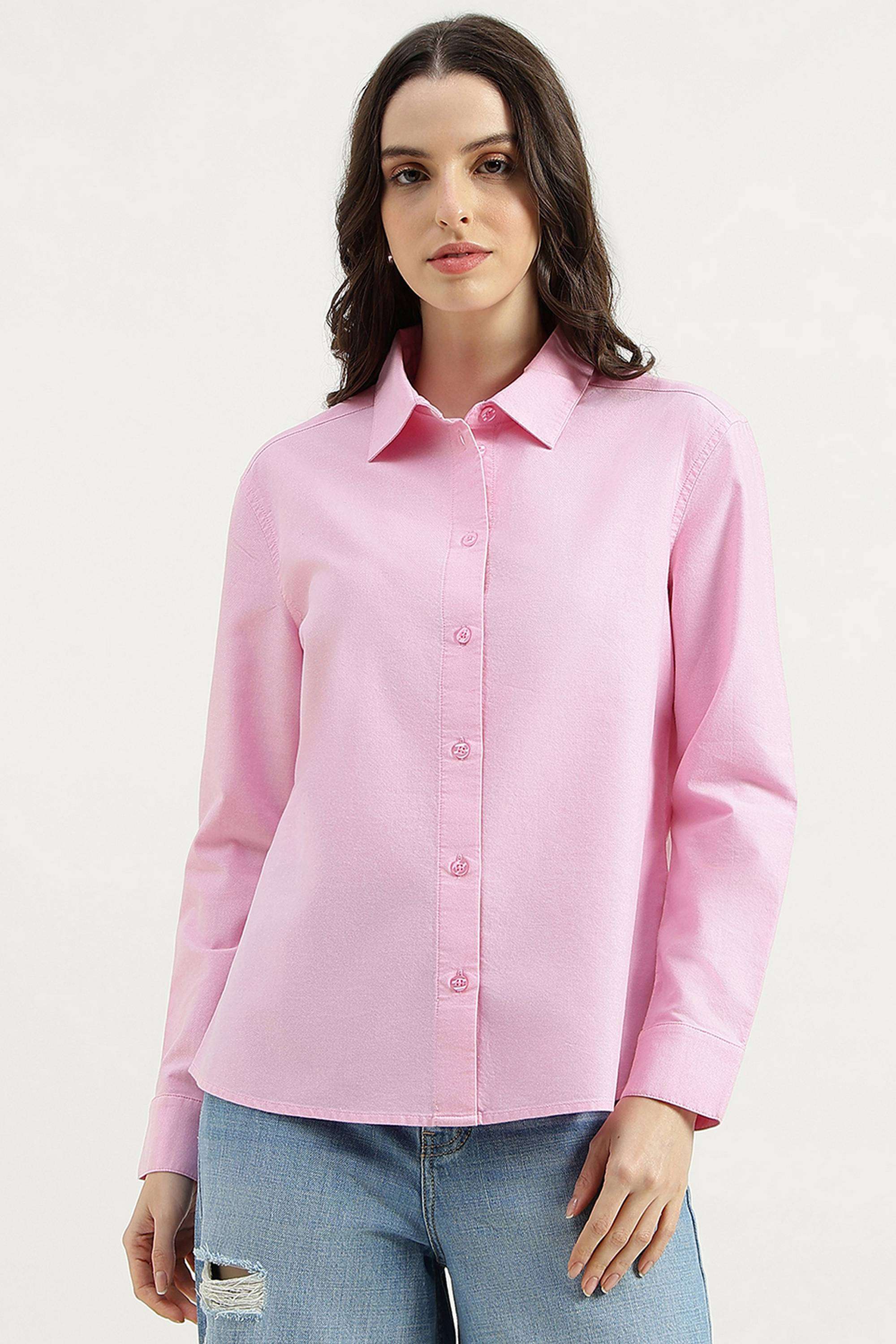 Solid-Cotton-Blend-Collared-Women-s-Shirt
