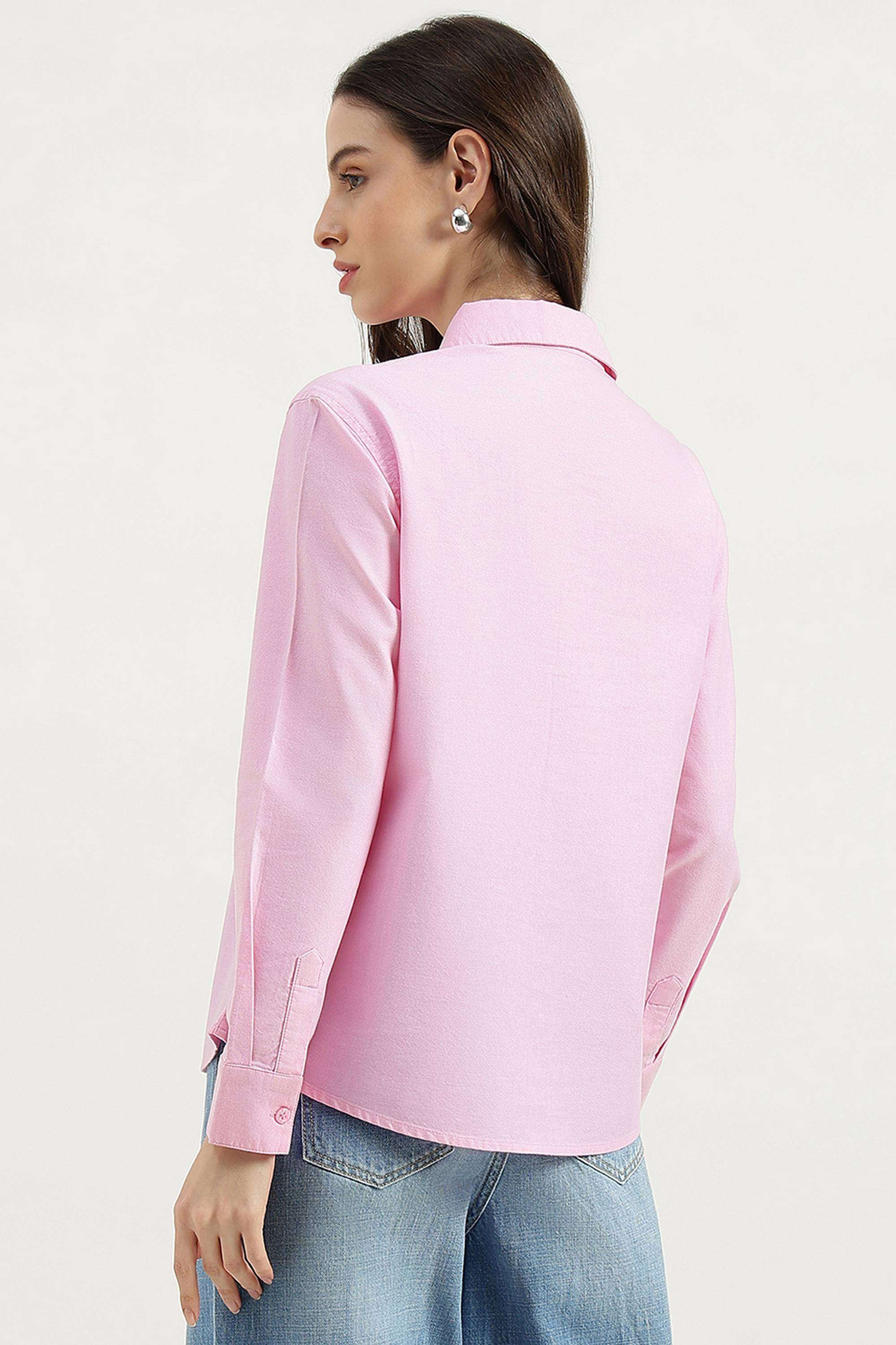 Solid-Cotton-Blend-Collared-Women-s-Shirt
