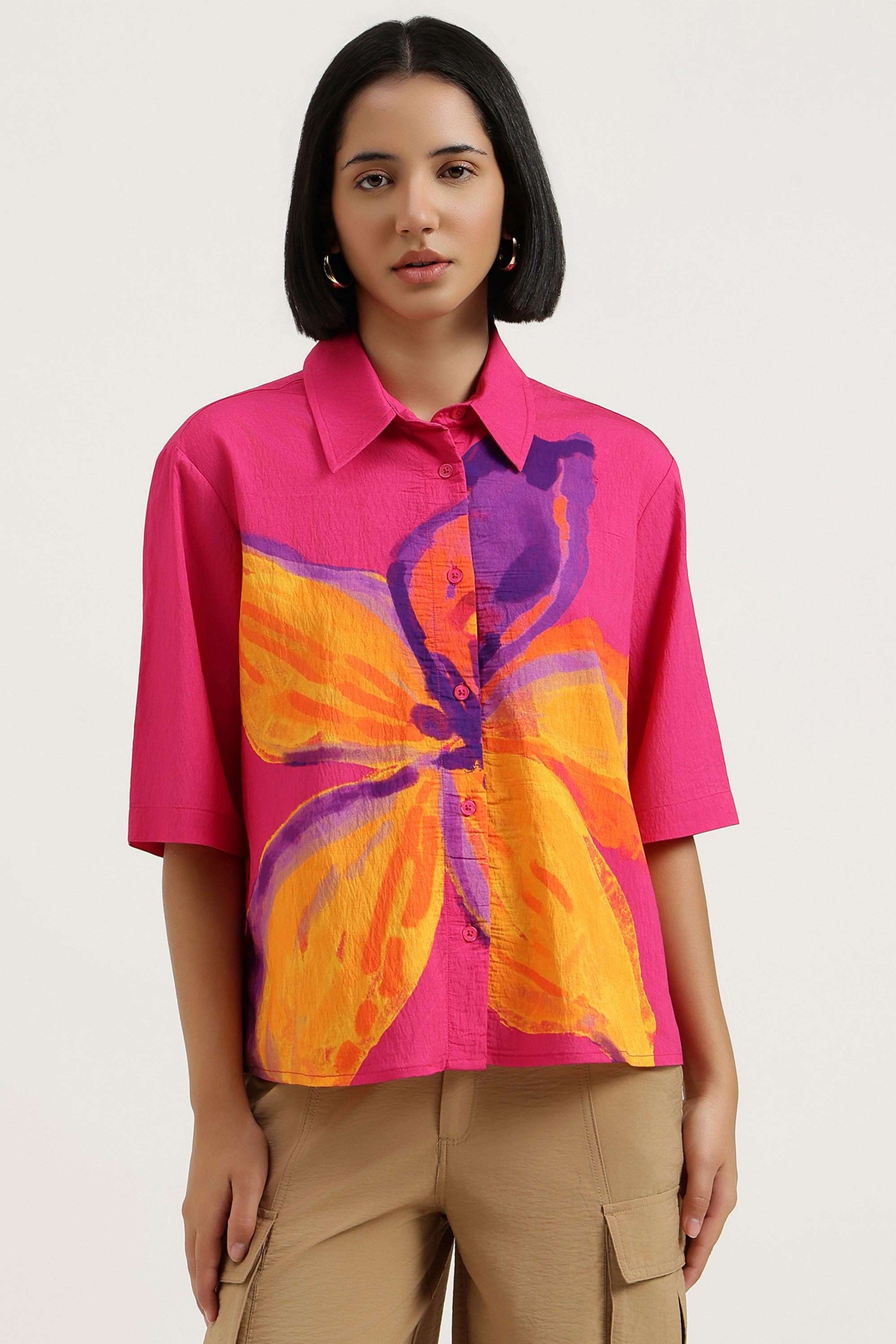 Printed-Blended-Fabric-Collared-Women-s-Shirt