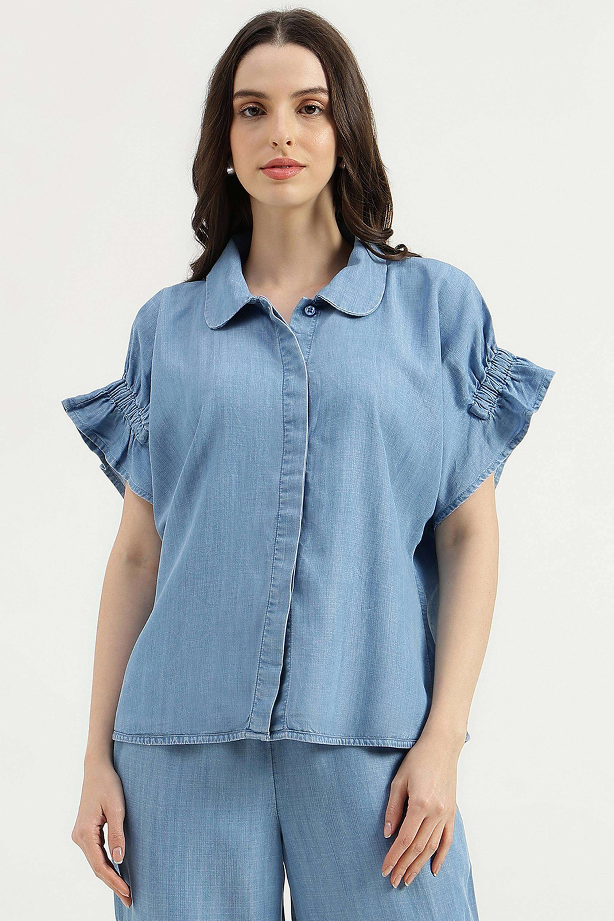Solid-Blended-Fabric-Collared-Women-s-Top