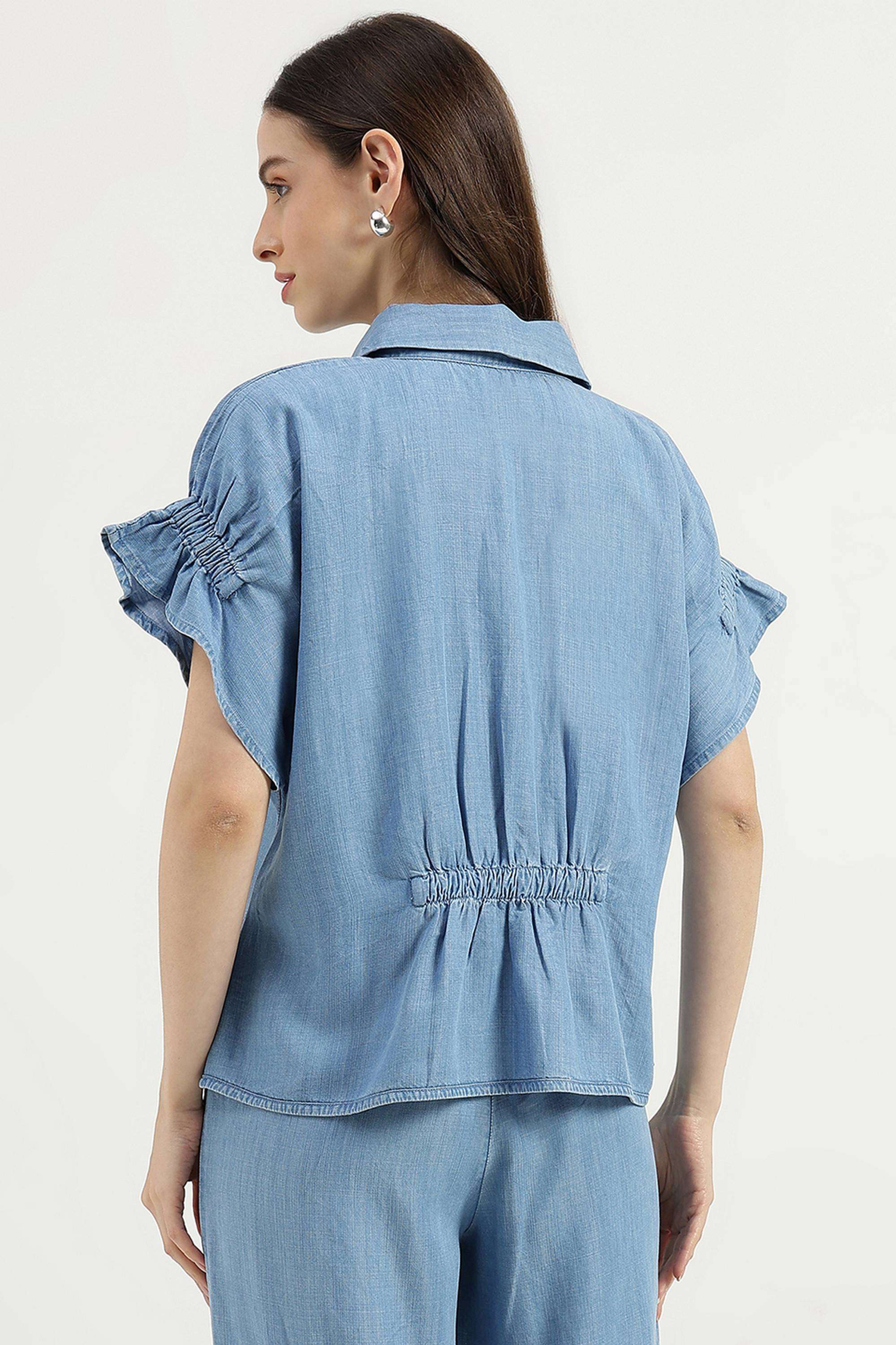 Solid-Blended-Fabric-Collared-Women-s-Top