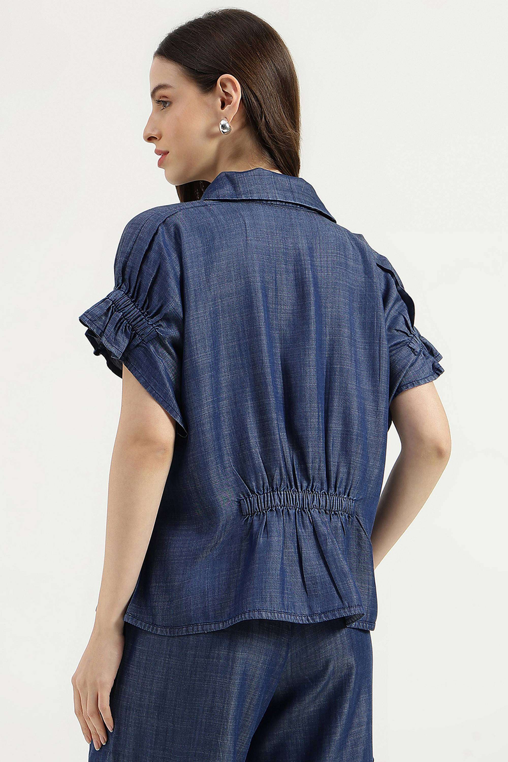 Solid-Blended-Fabric-Collared-Women-s-Top
