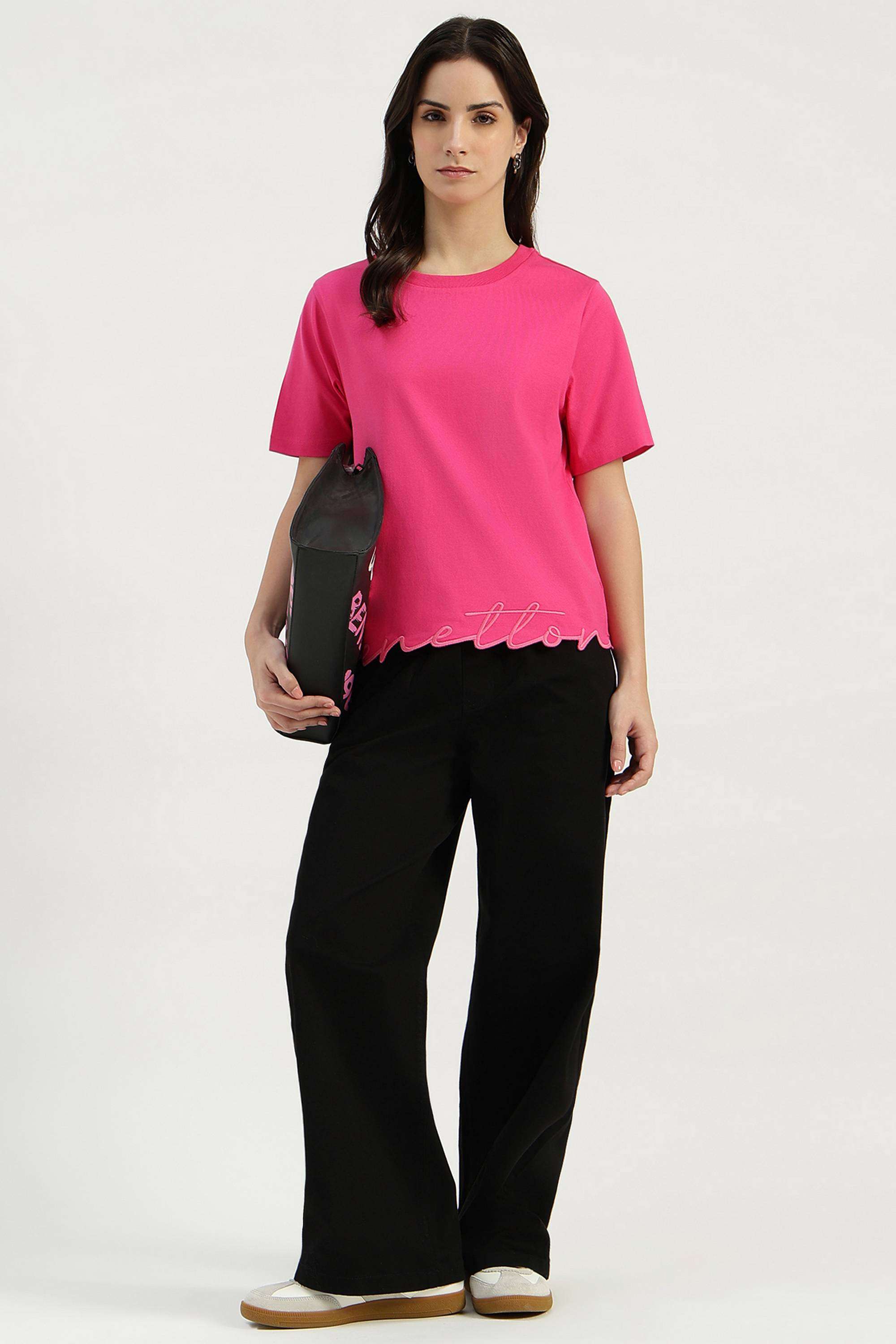 Solid-Cotton-Blend-Round-Neck-Women-s-T-Shirt