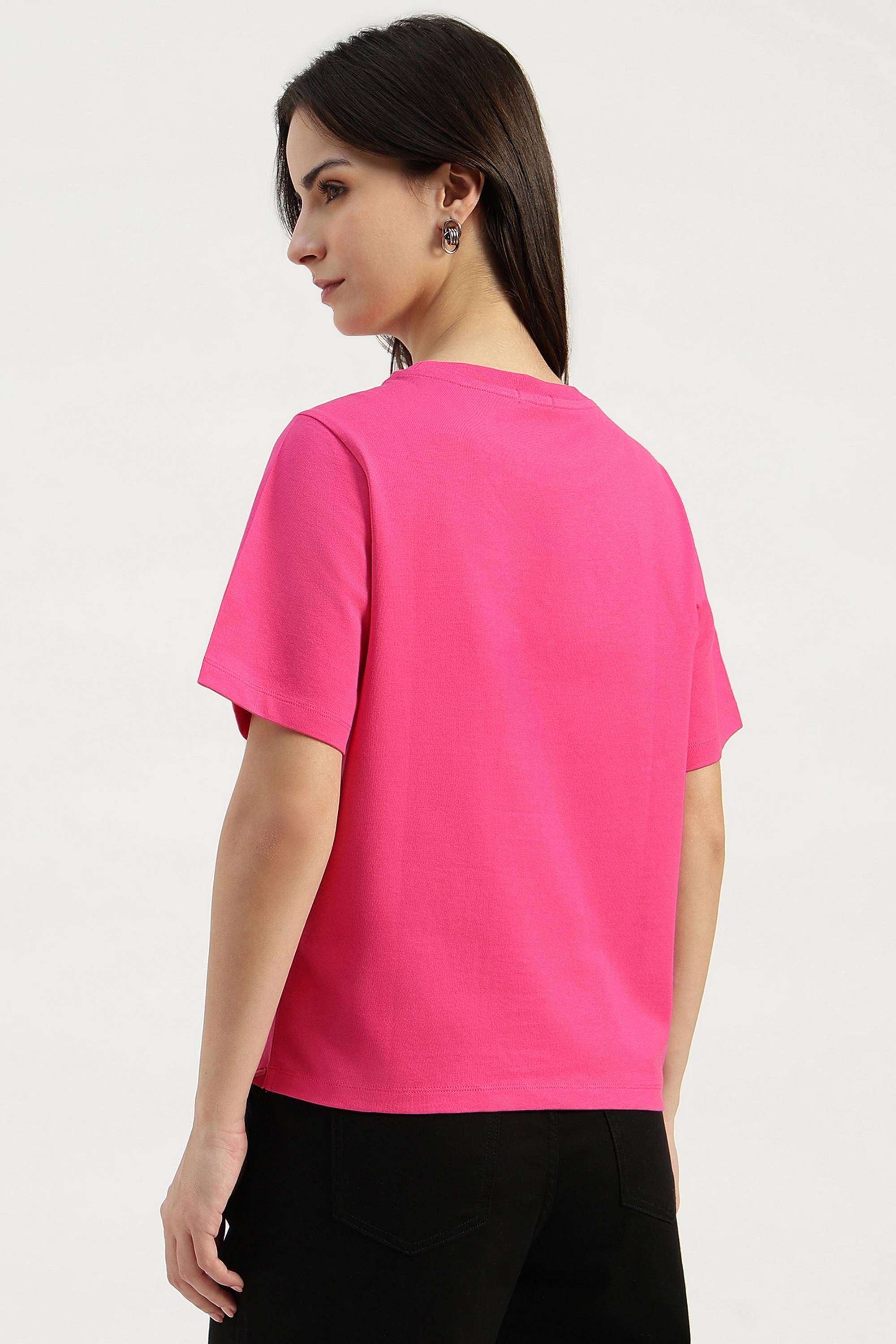 Solid-Cotton-Blend-Round-Neck-Women-s-T-Shirt