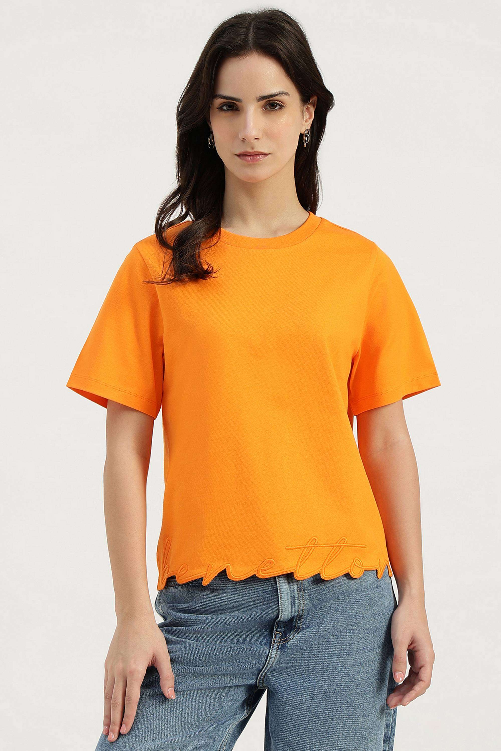 Solid-Cotton-Blend-Round-Neck-Women-s-T-Shirt