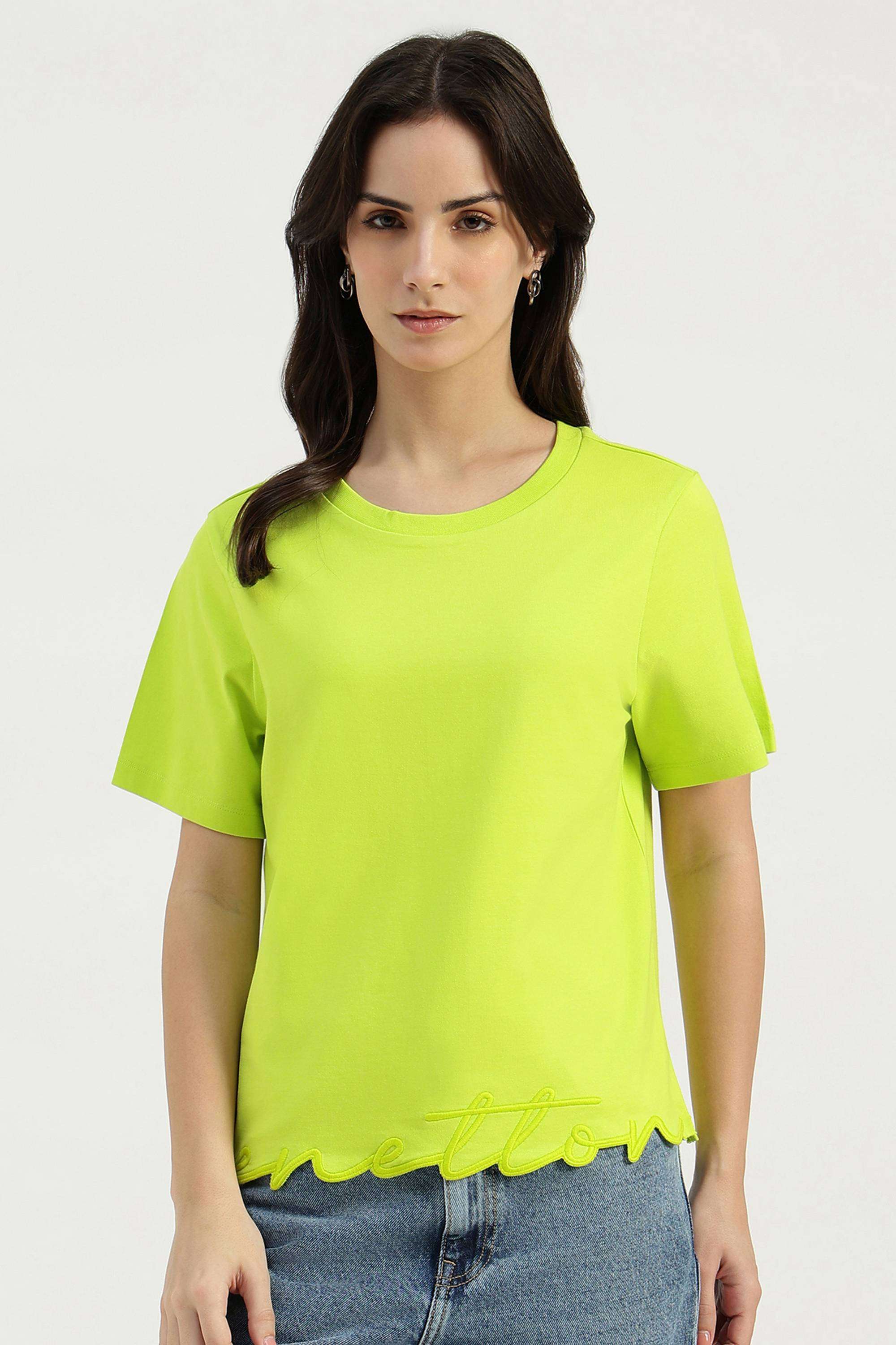 Solid-Cotton-Blend-Round-Neck-Women-s-T-Shirt