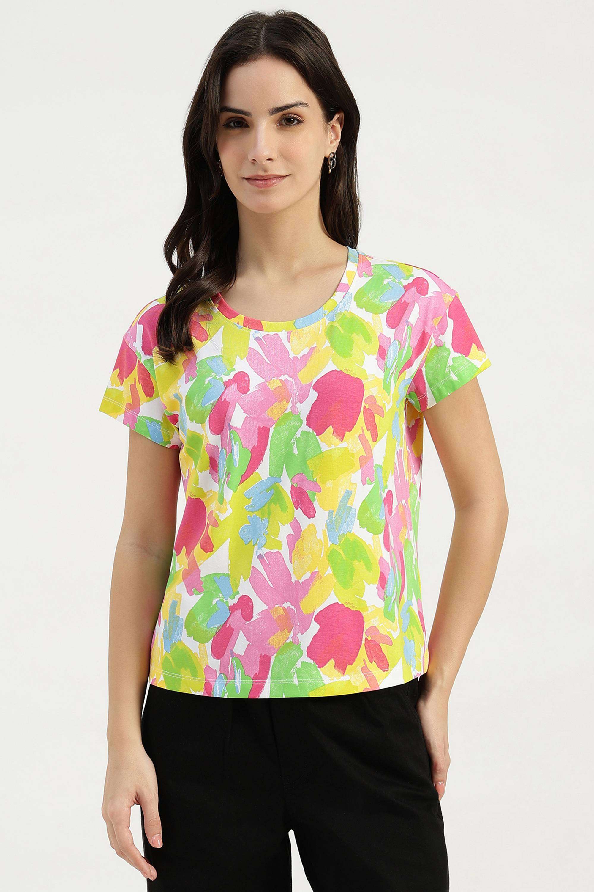 Printed-Blended-Fabric-Round-Neck-Women-s-T-Shirt