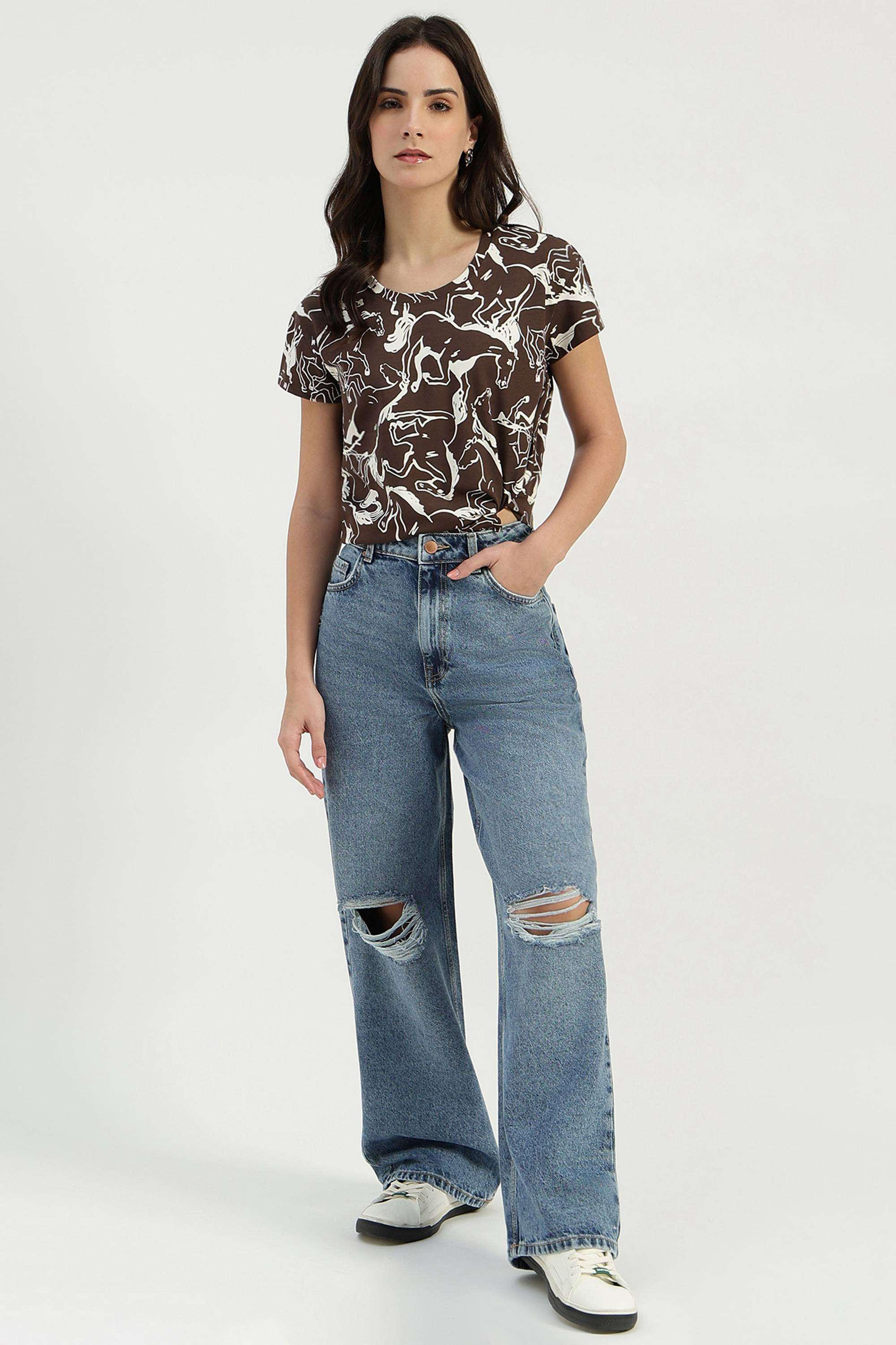 Printed-Blended-Fabric-Round-Neck-Women-s-T-Shirt
