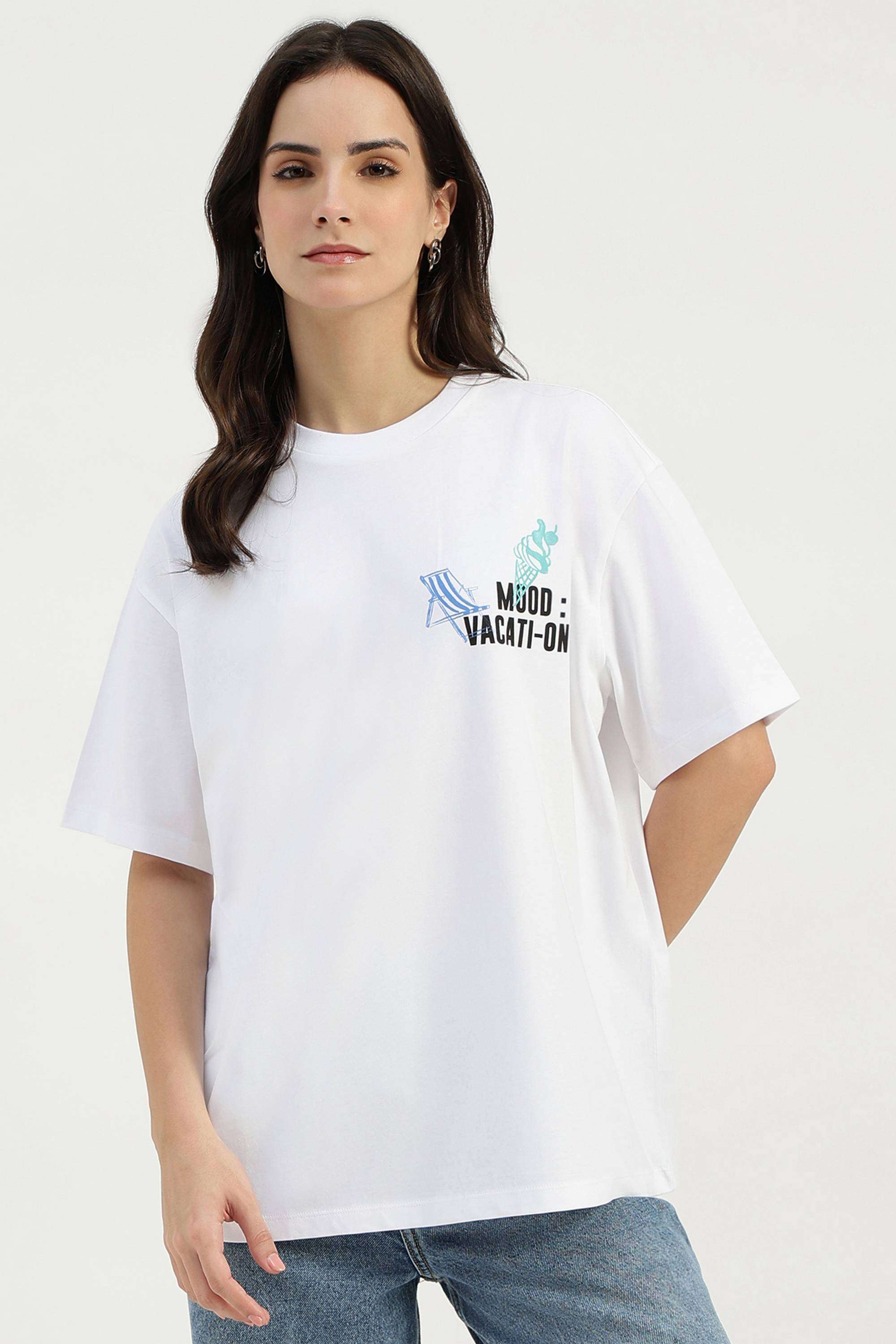 Solid-Cotton-Blend-Round-Neck-Women-s-T-Shirt