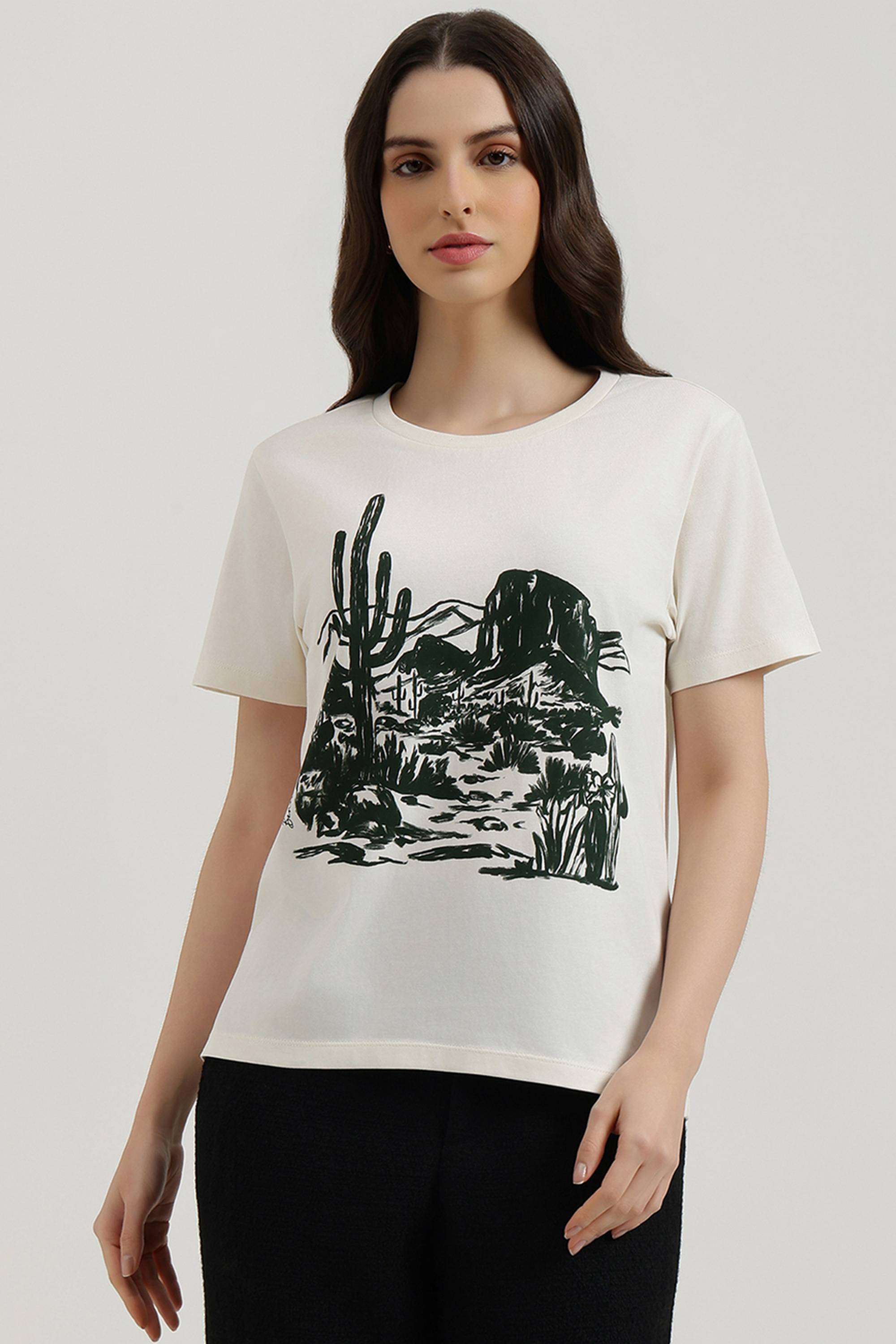 Solid-Cotton-Blend-Round-Neck-Women-s-T-Shirt