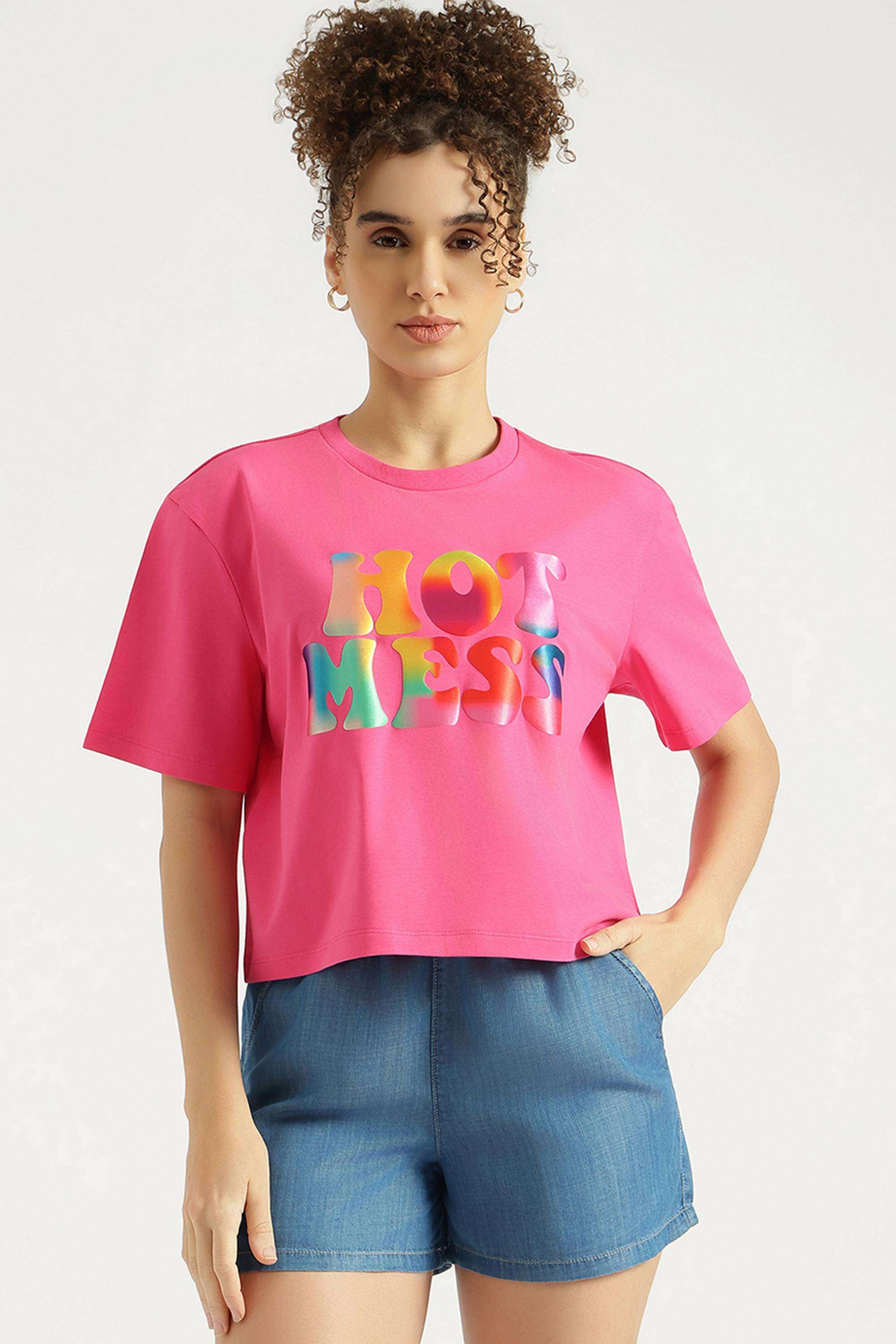 Solid-Blended-Fabric-Round-Neck-Women-s-T-Shirt