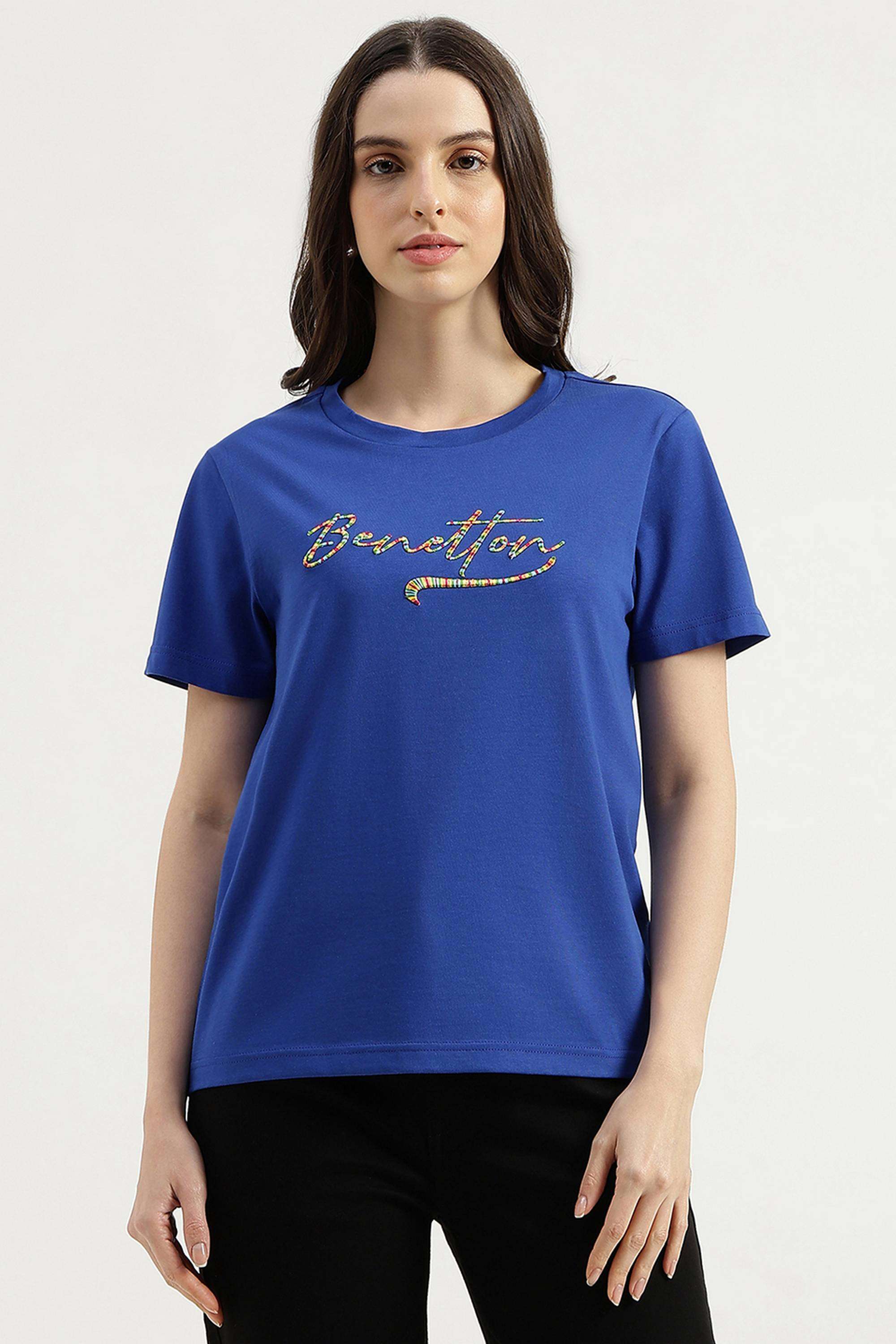 Solid-Cotton-Blend-Round-Neck-Women-s-T-Shirt