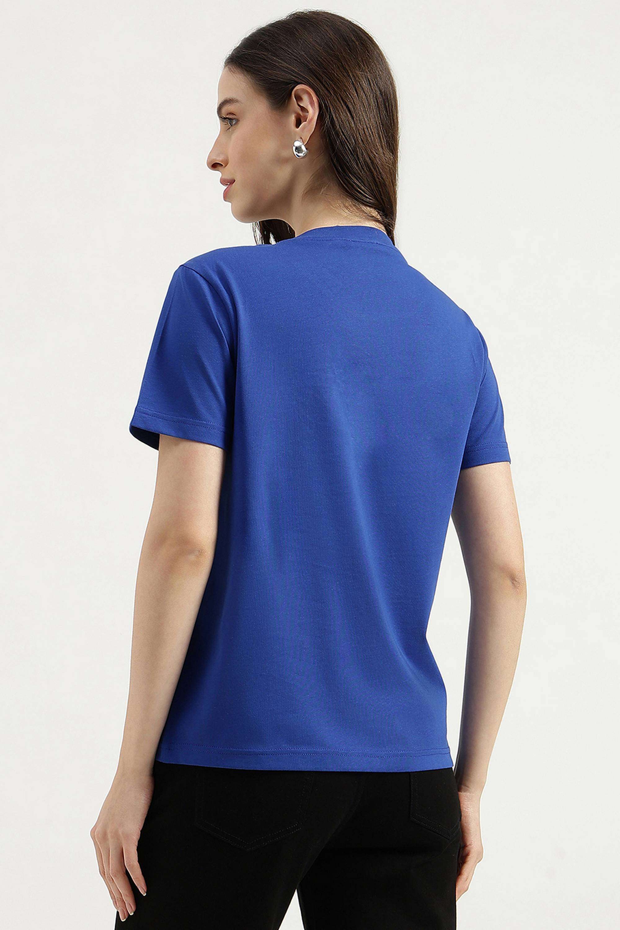 Solid-Cotton-Blend-Round-Neck-Women-s-T-Shirt