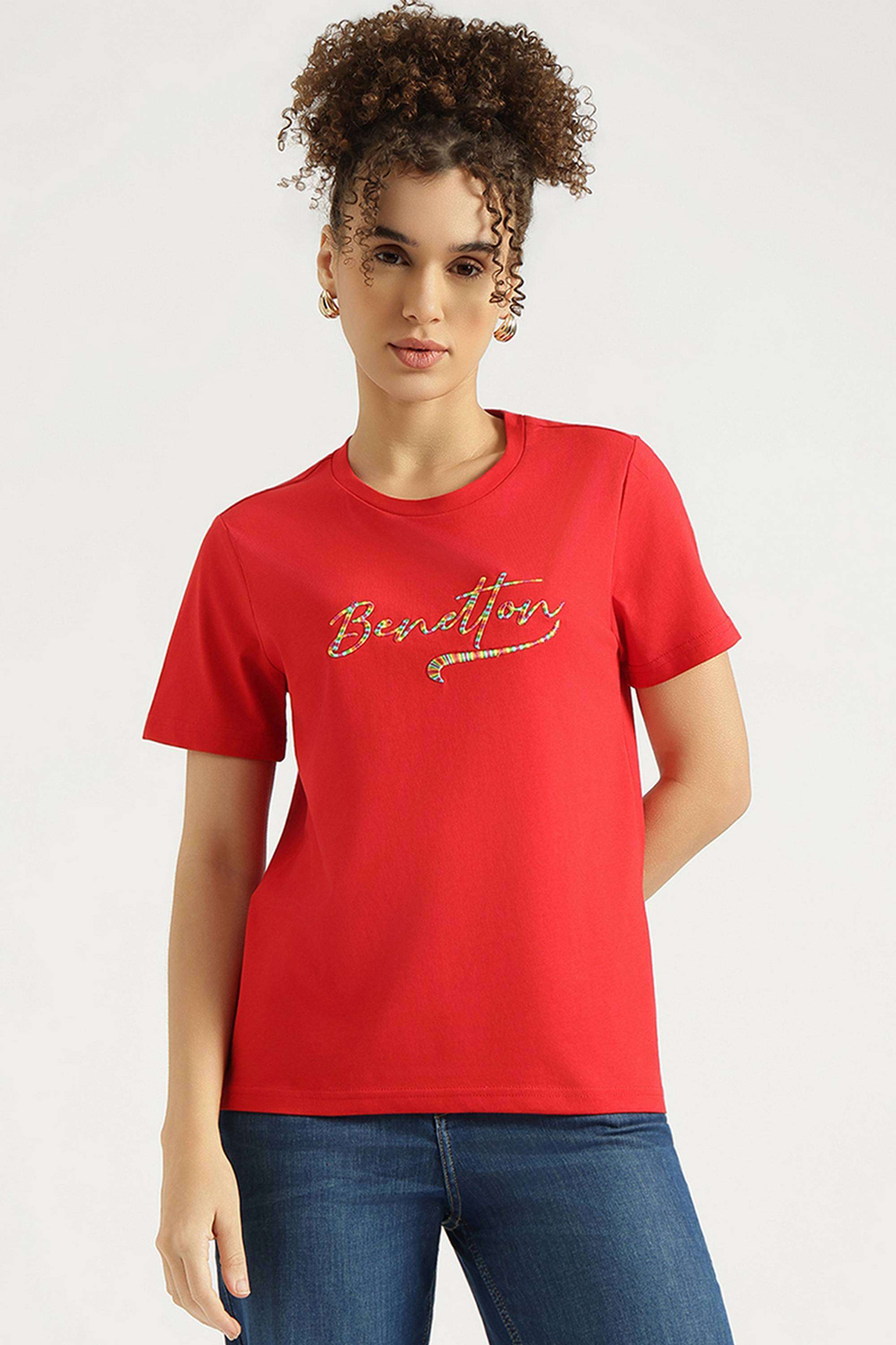 Solid-Cotton-Blend-Round-Neck-Women-s-T-Shirt