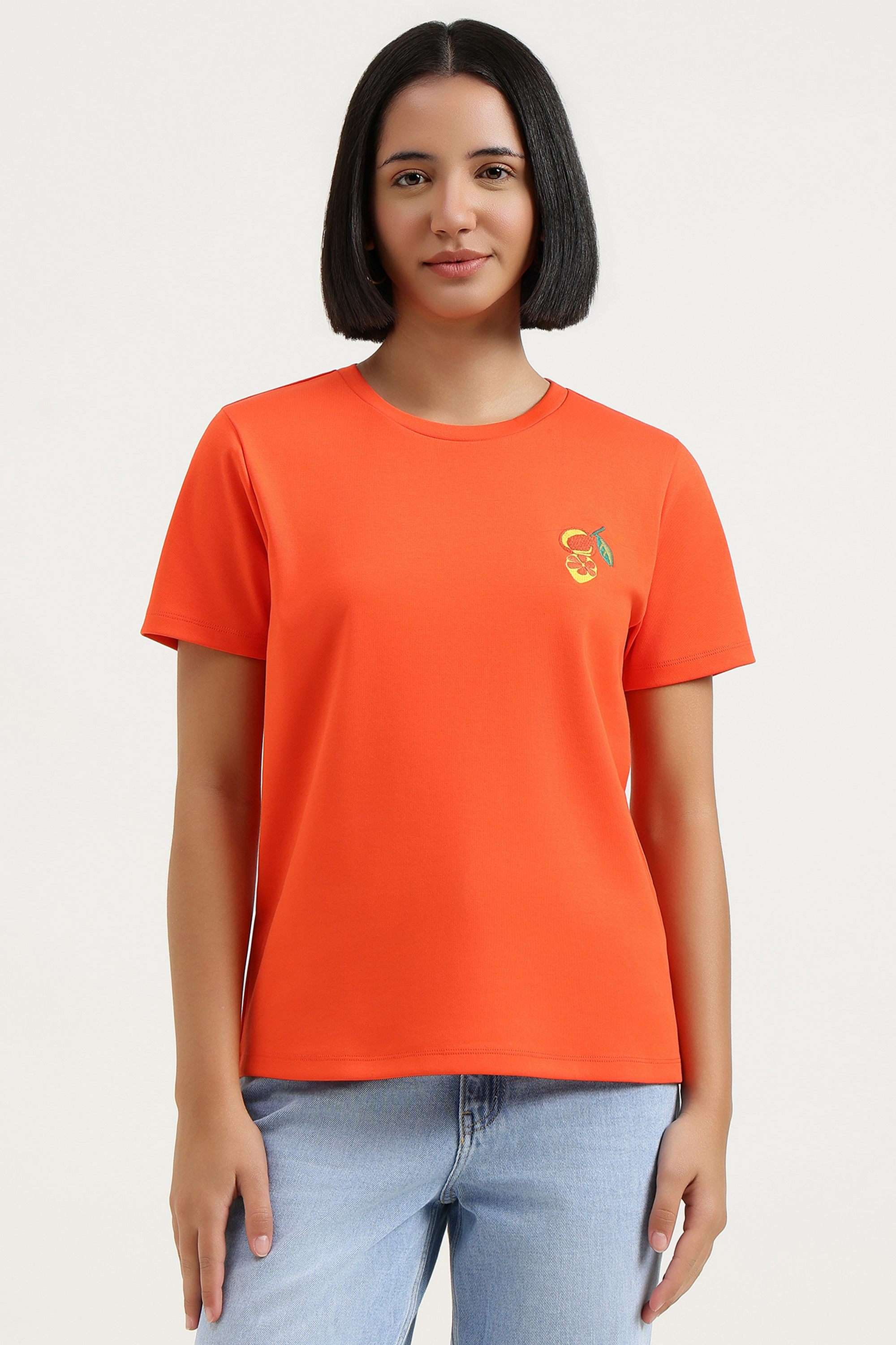 Solid-Blended-Fabric-Round-Neck-Women-s-T-Shirt