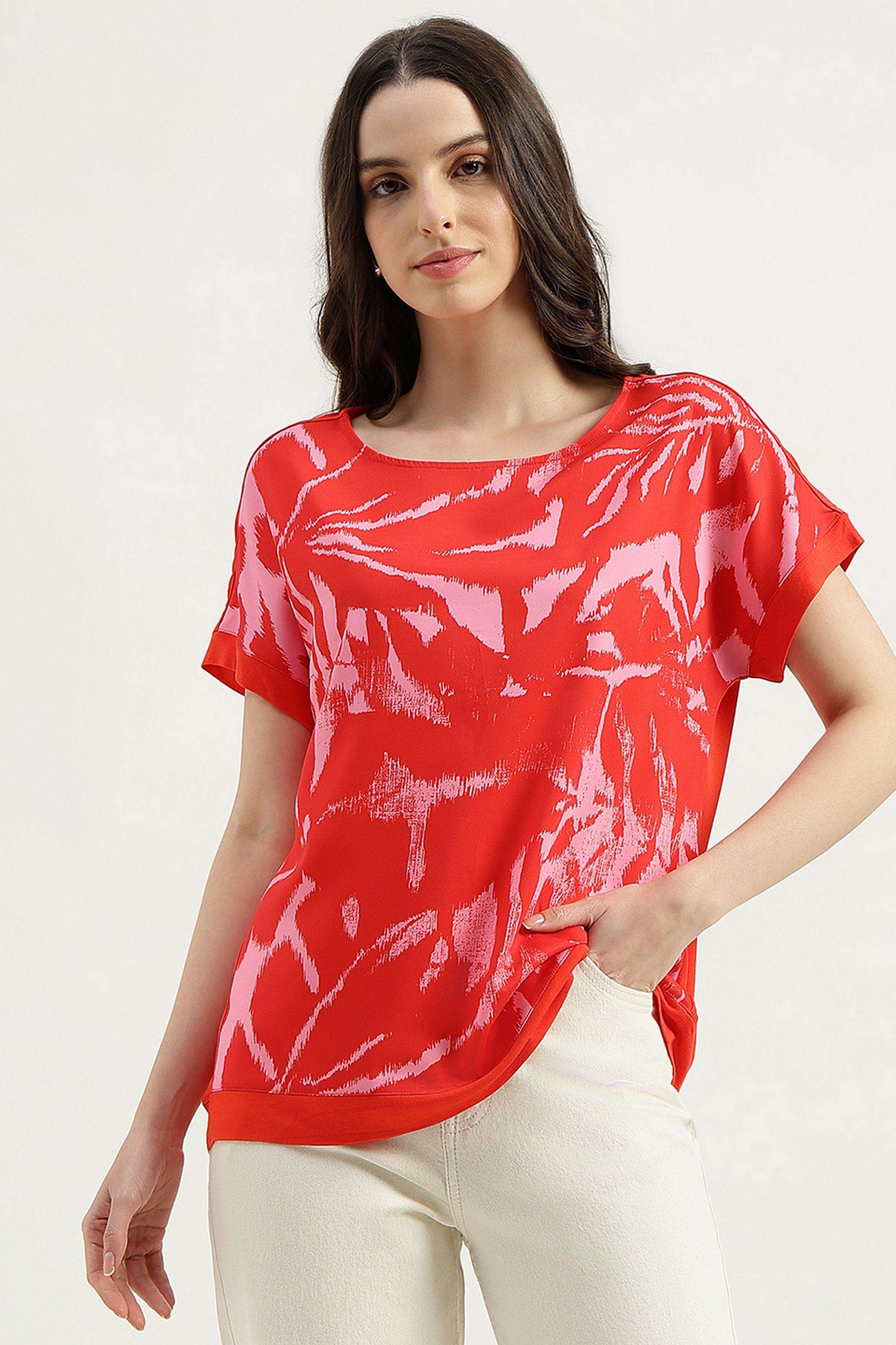 Printed-Blended-Fabric-Round-Neck-Women-s-T-Shirt