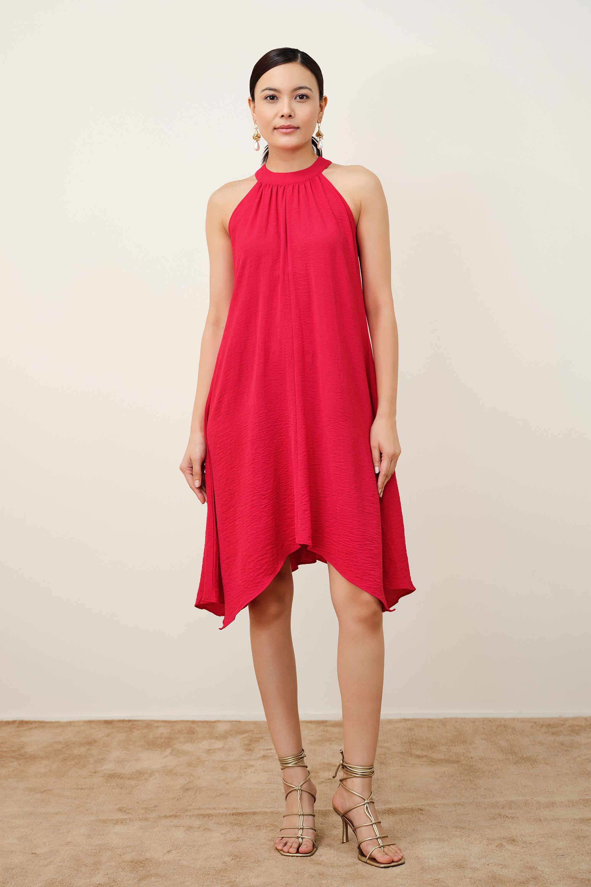 Solid-Polyester-Halter-Neck-Women-s-Dress