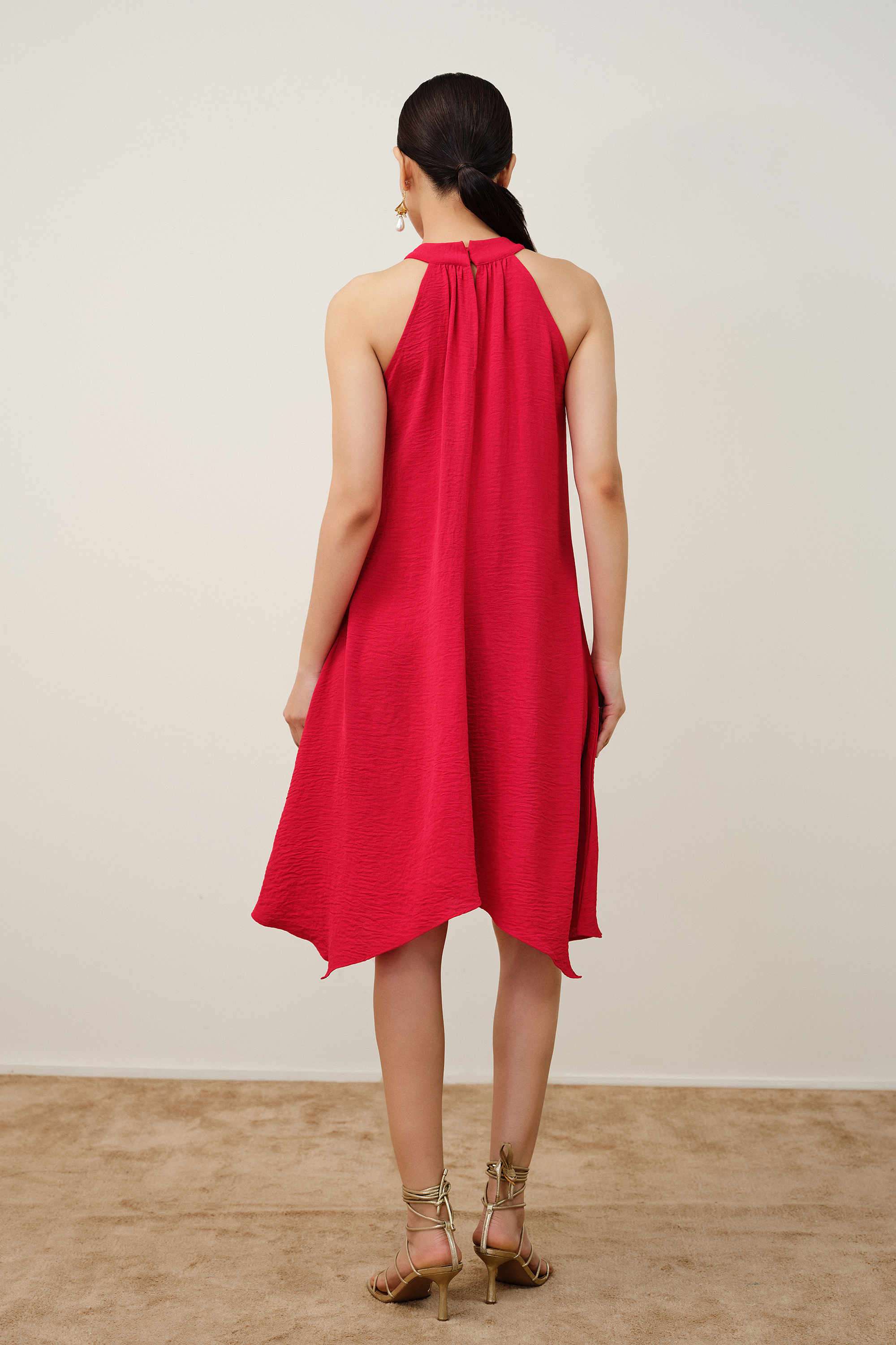 Solid-Polyester-Halter-Neck-Women-s-Dress