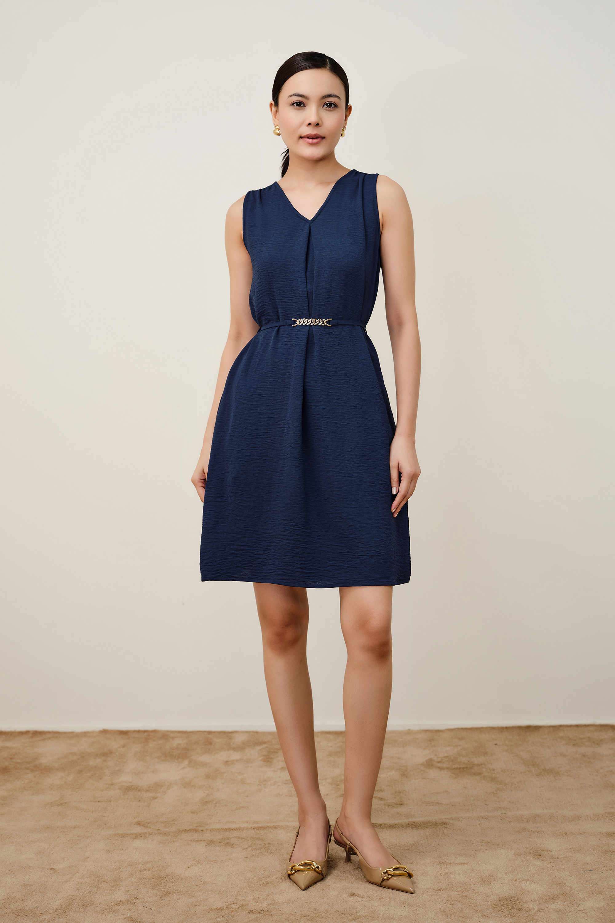 Solid-V-Neck-Polyester-Women-s-Above-Knee-Dress