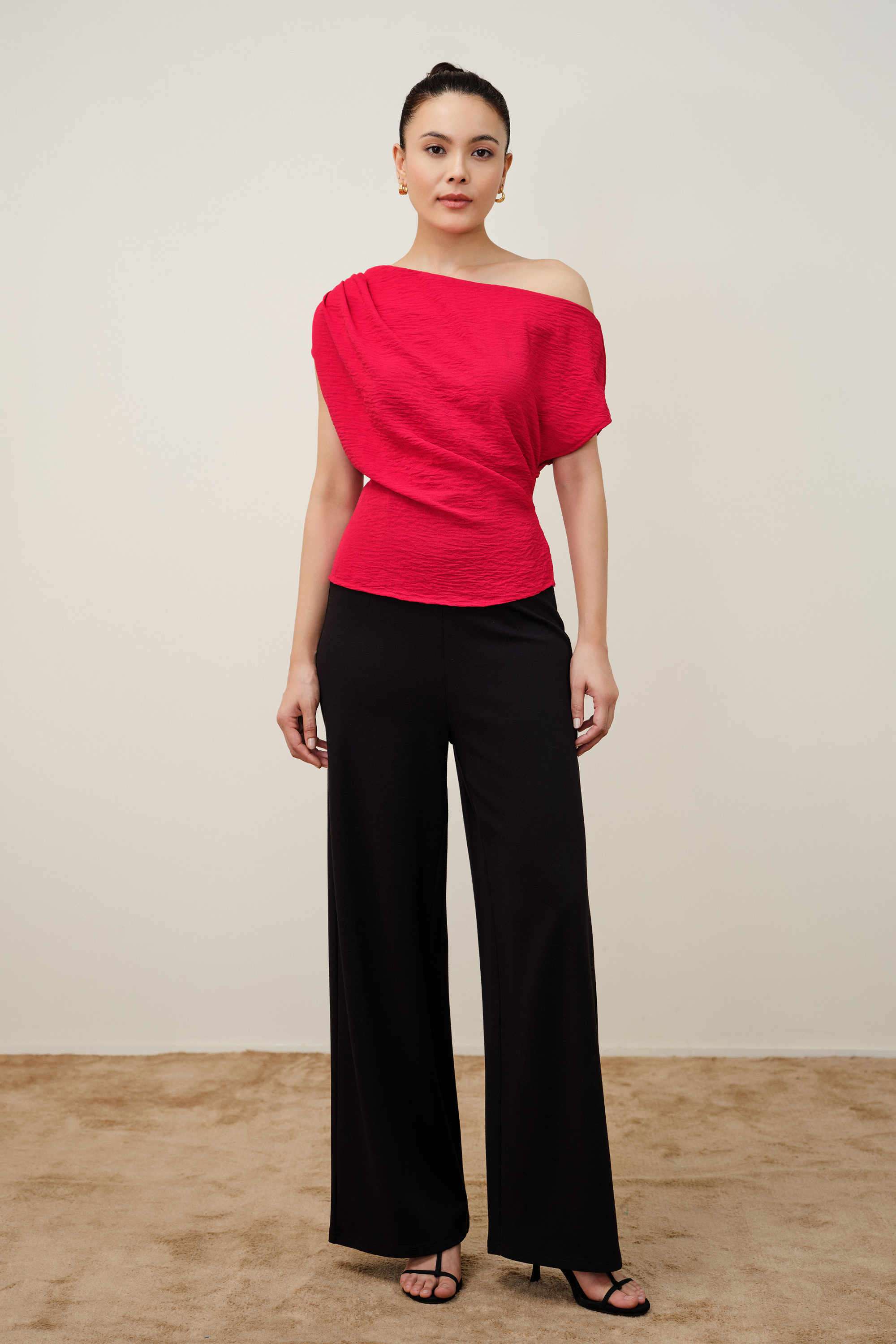 Solid-Polyester-One-Shoulder-Women-s-Top