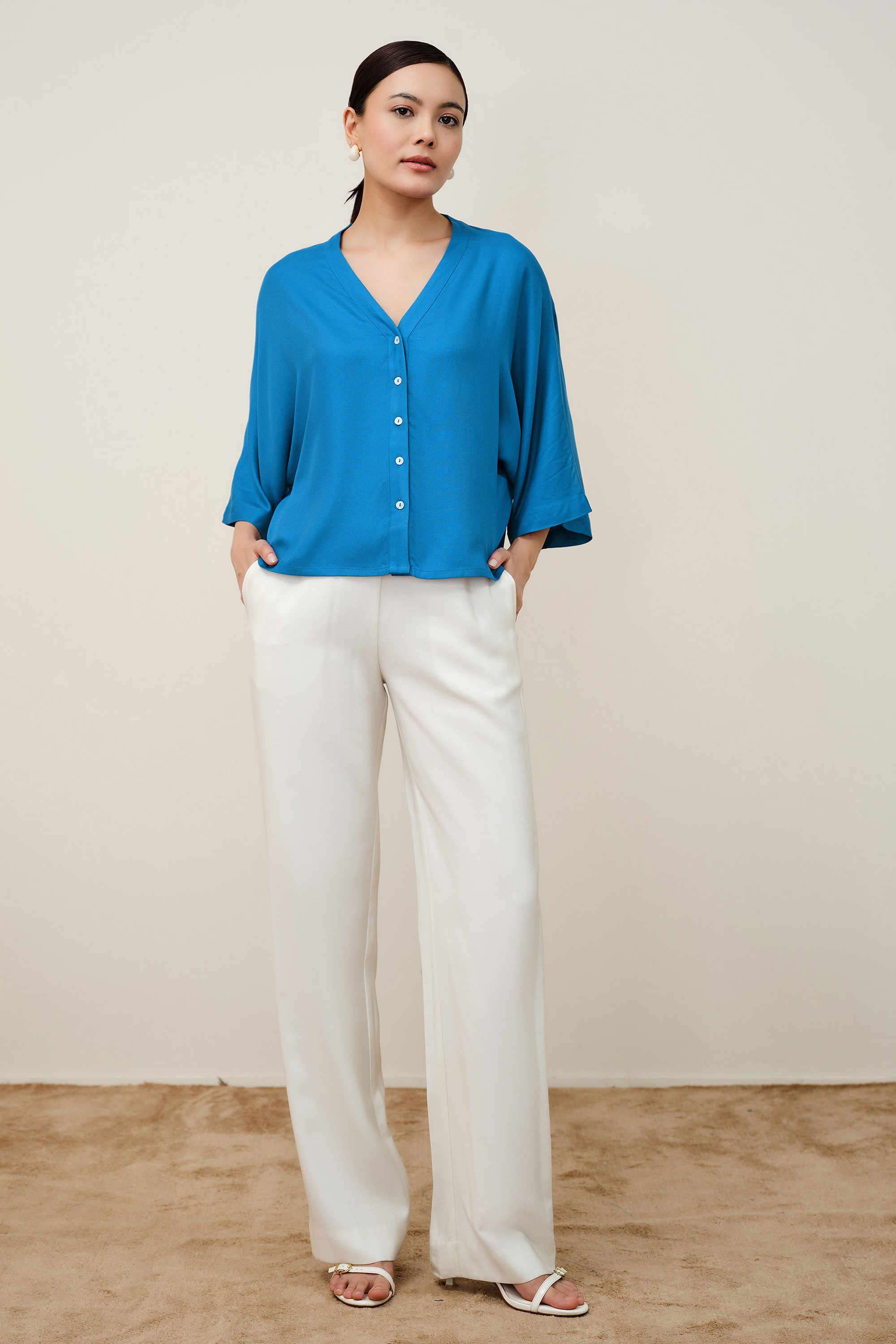 Solid-Viscose-Rayon-V-Neck-Women-s-Top