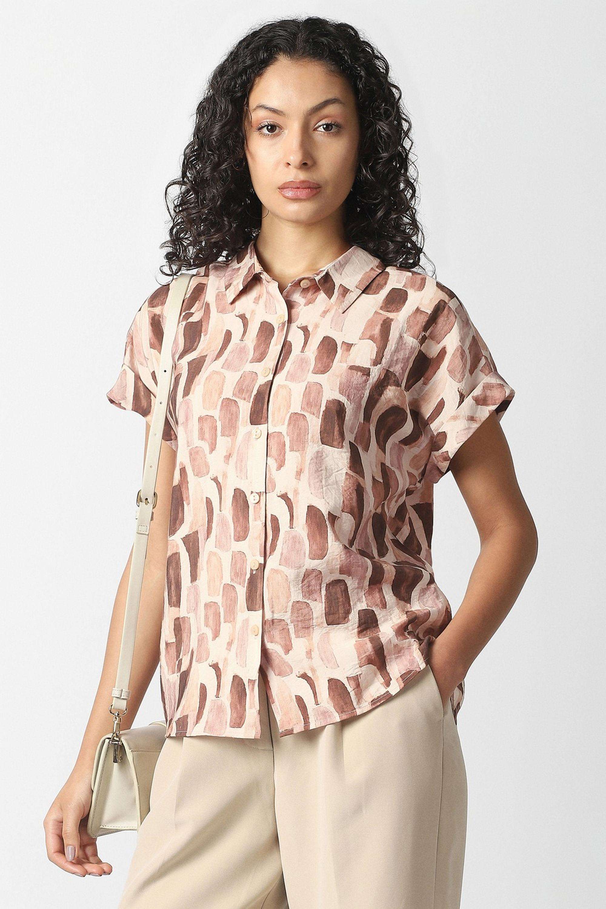 Printed-Spread-Collar-Blended-Fabric-Women-s-Casual-Wear-Shirt