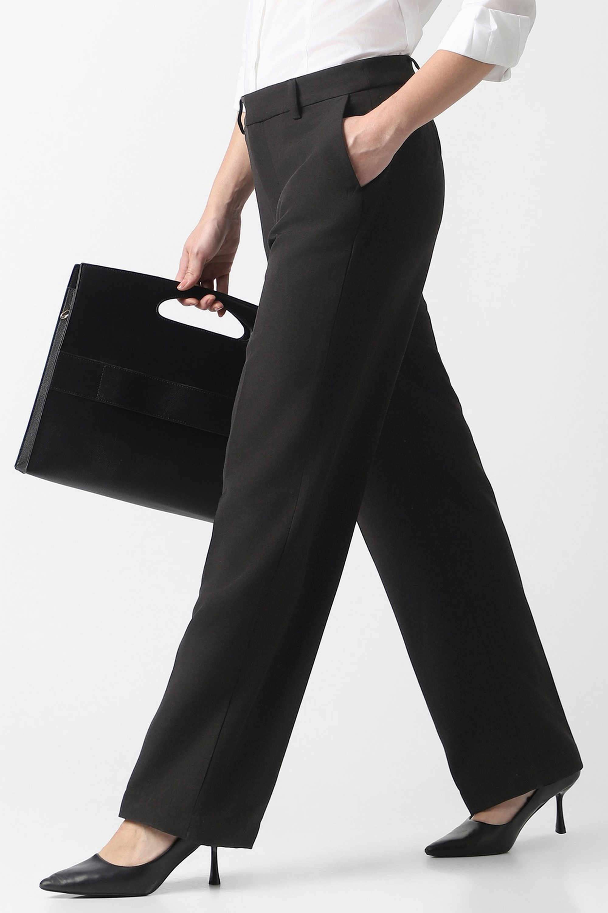 Solid-Straight-Fit-Blended-Fabric-Women-s-Casual-Wear-Trousers