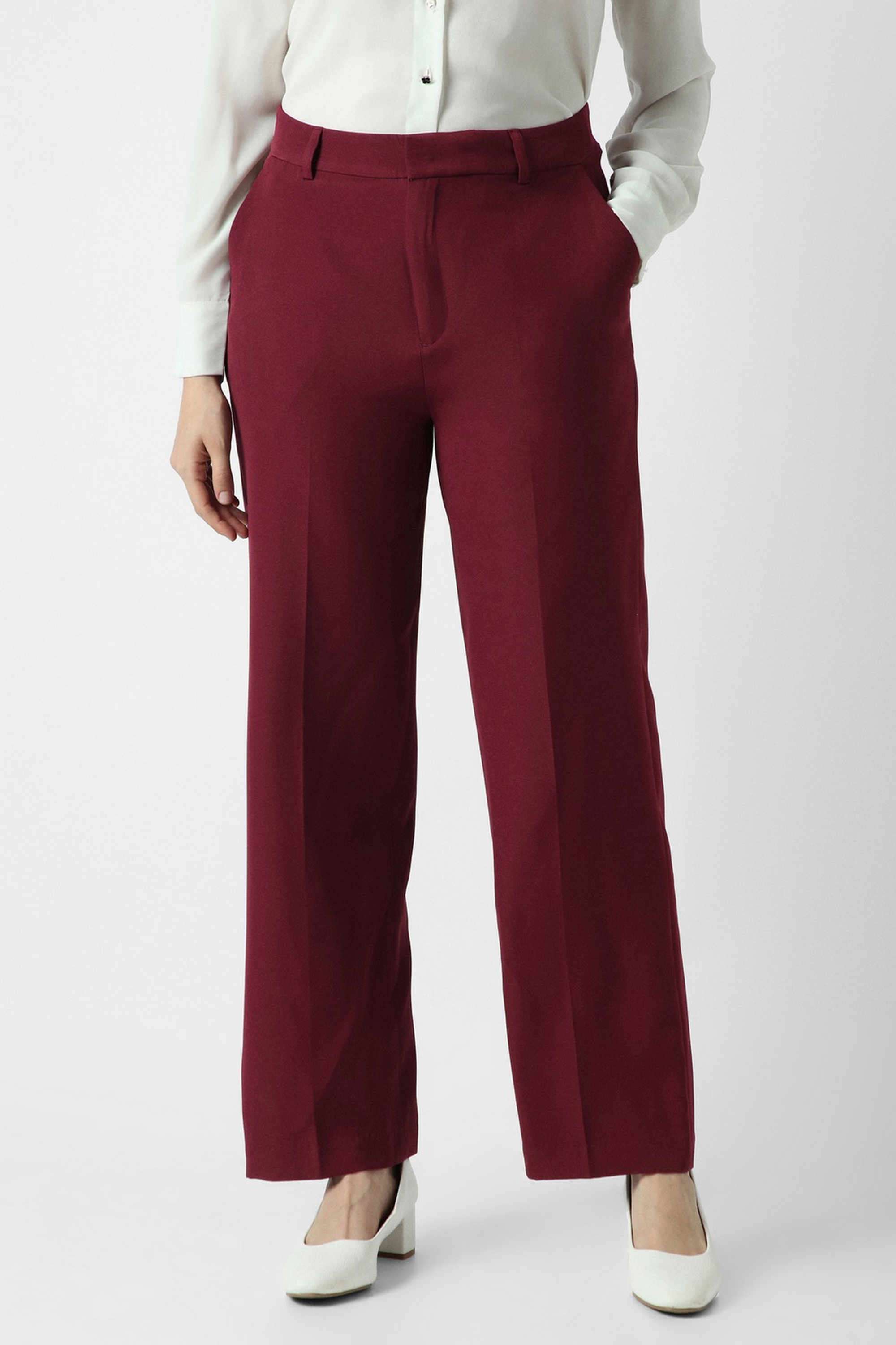 Solid-Straight-Fit-Blended-Fabric-Women-s-Casual-Wear-Trousers