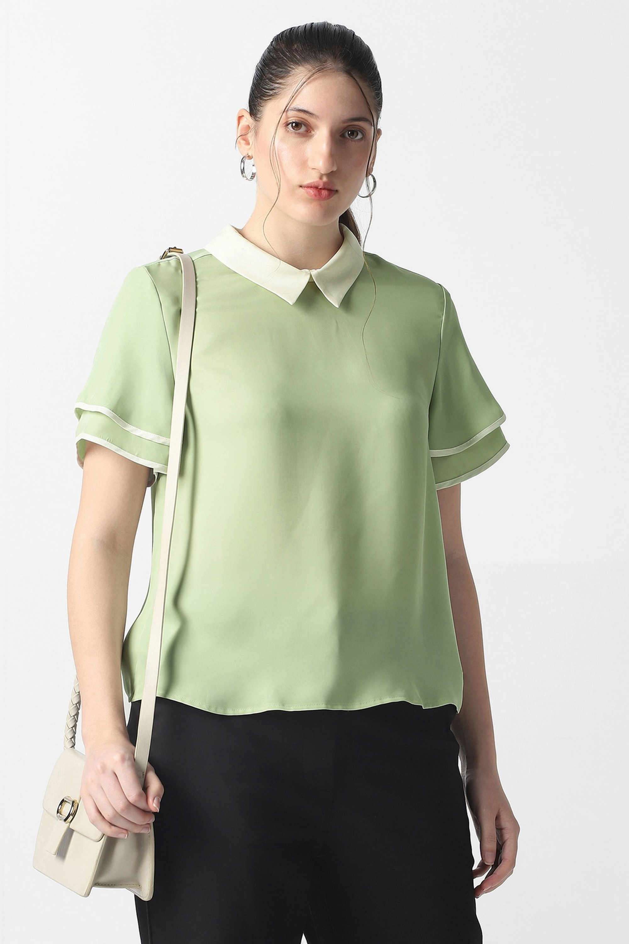 Solid-Polyester-Round-Neck-Women-s-Top