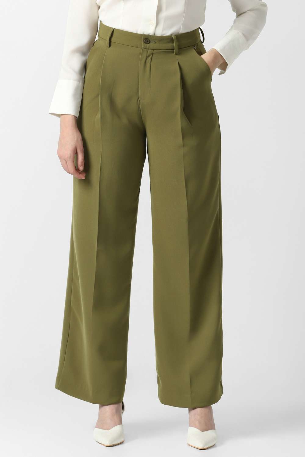 Polyester-Wide-Leg-Fit-Women-s-Trousers