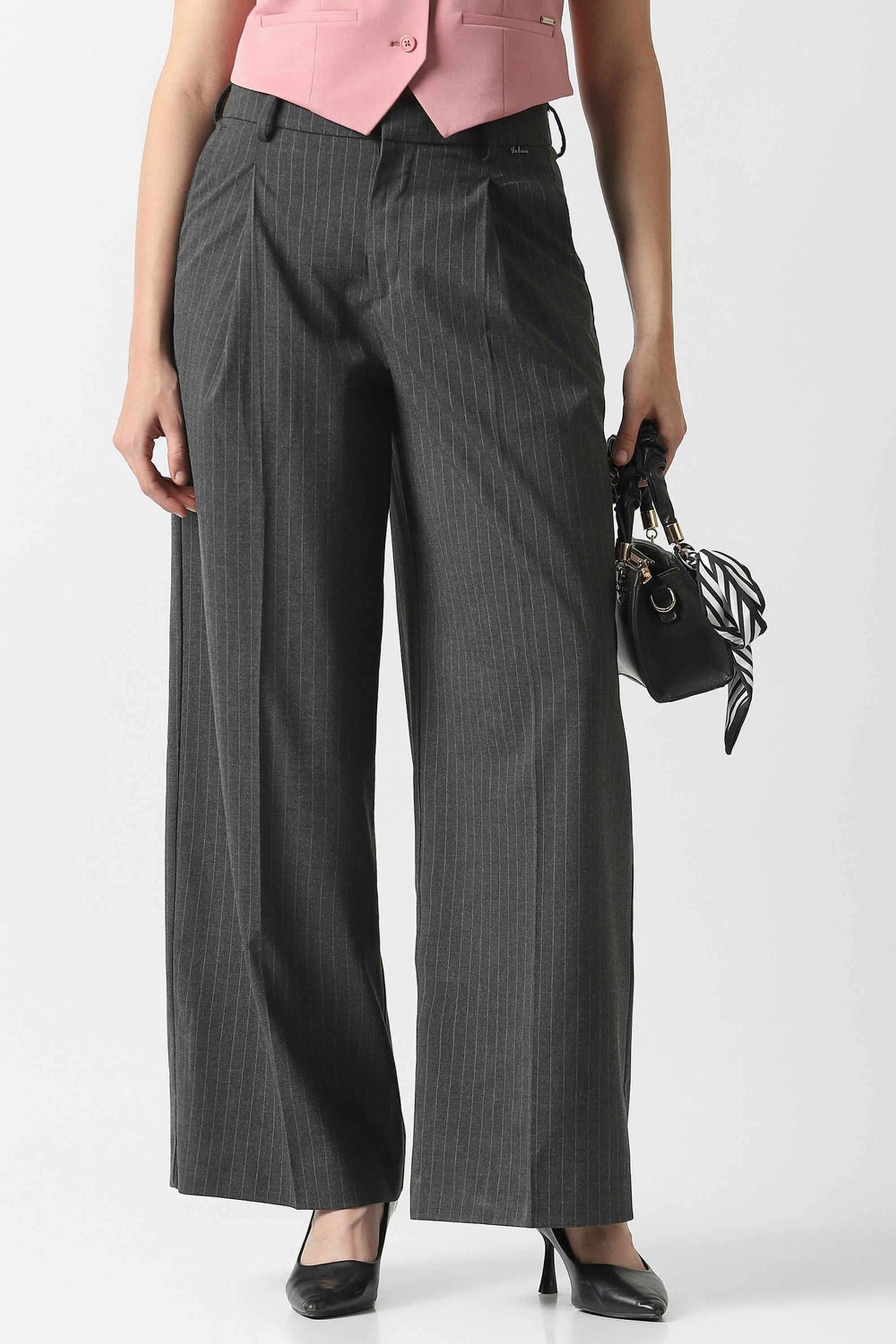 Stripes-Wide-Leg-Fit-Blended-Fabric-Women-s-Formal-Wear-Trousers