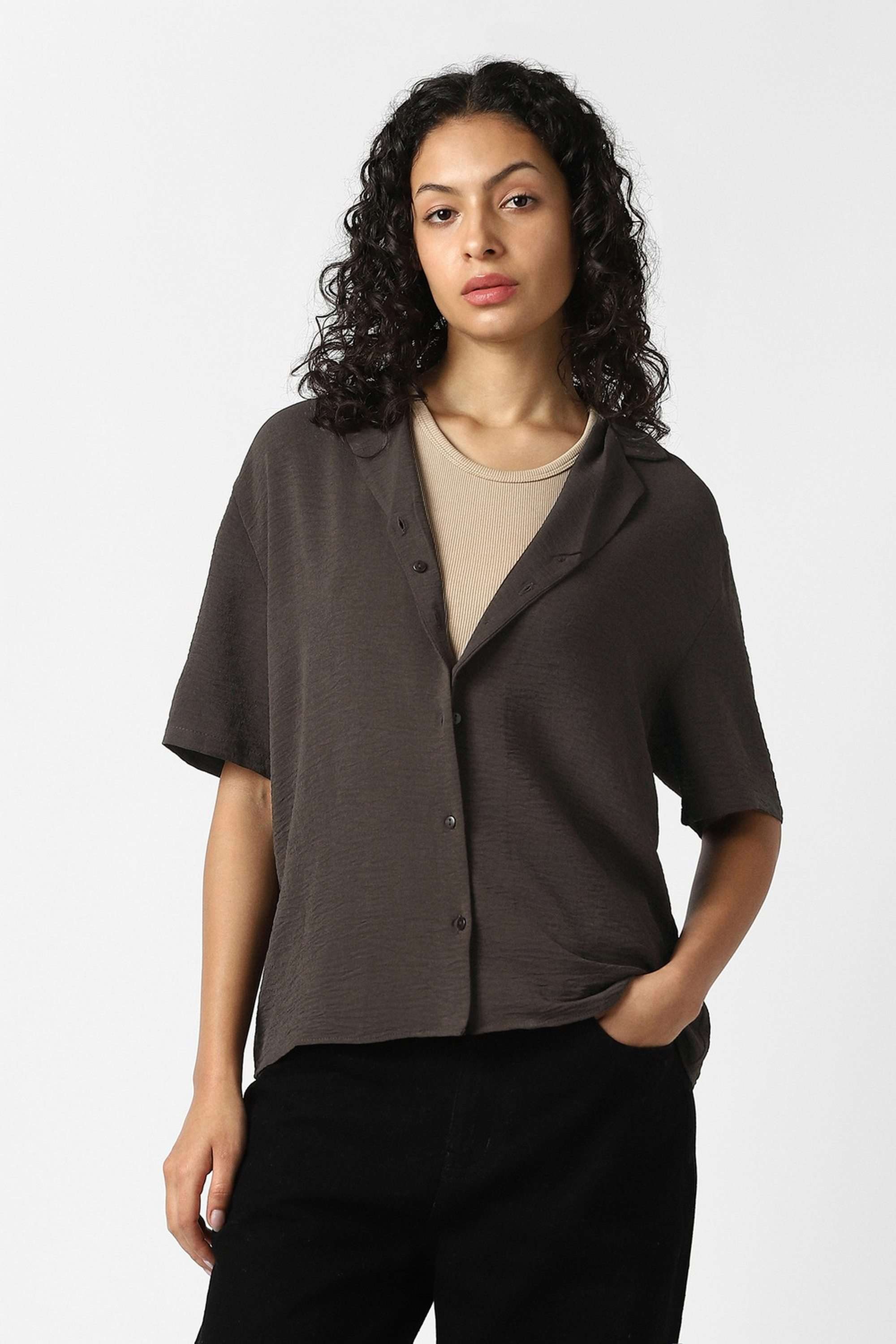 Solid-Blended-Fabric-Women-s-Shirt